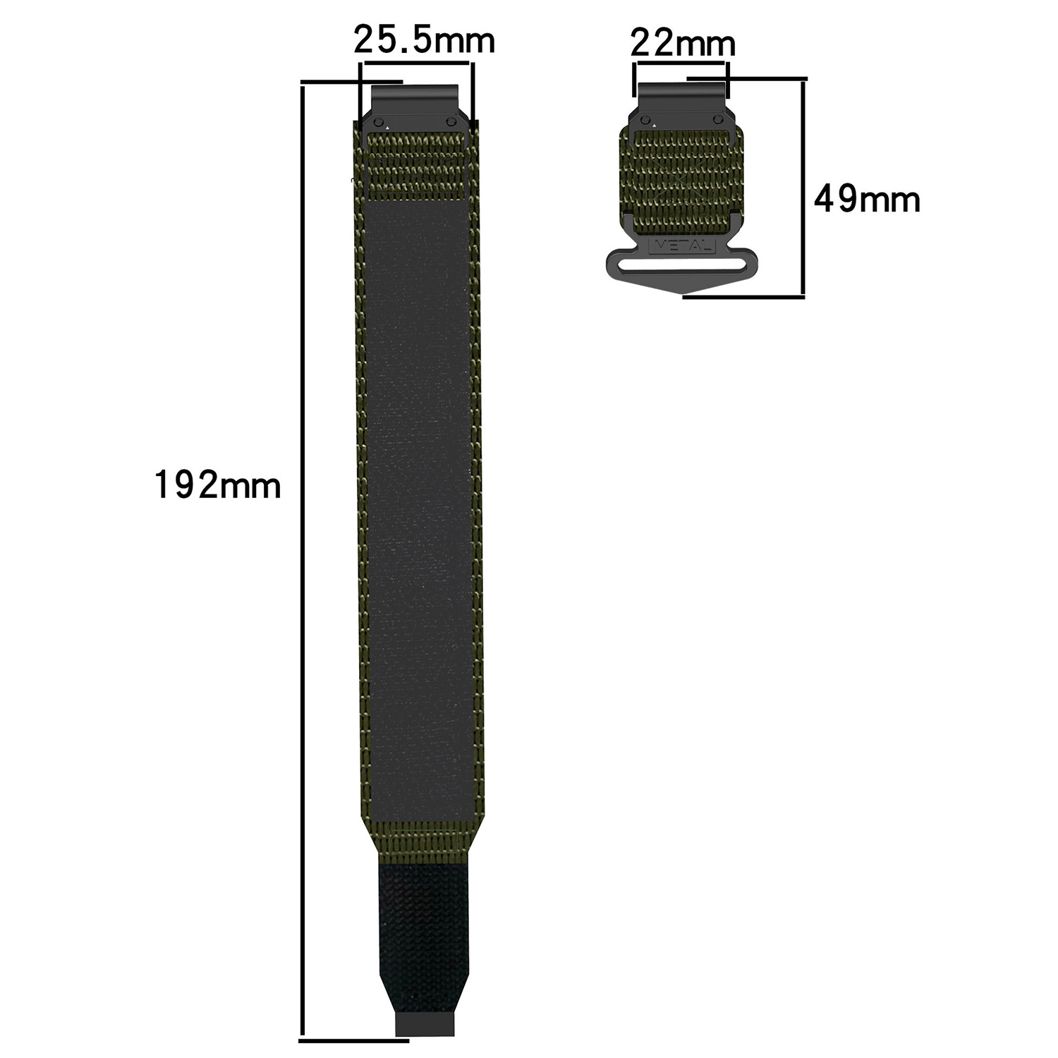 Uhrenarmband mit Abmessungen: 192 mm Länge, 25,5 mm Breite und Schnalle mit 49 mm Höhe.