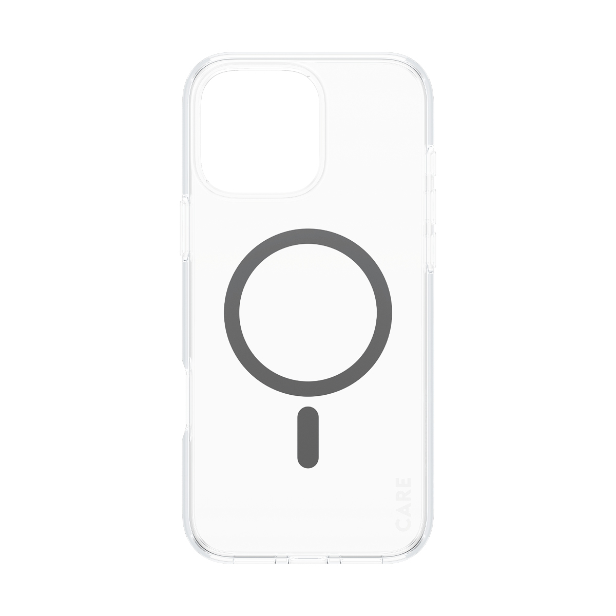Beyaz arka planda MagSafe halkası ve eksi sembolü olan şeffaf telefon kılıfı.