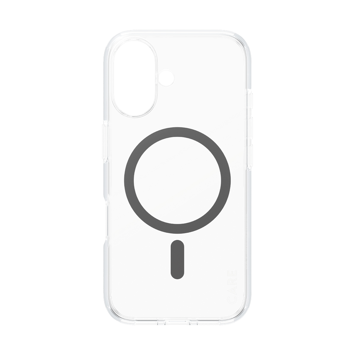 Koyu gri daire ve çizgiye sahip şeffaf telefon kılıfı. Arka plan beyaz.