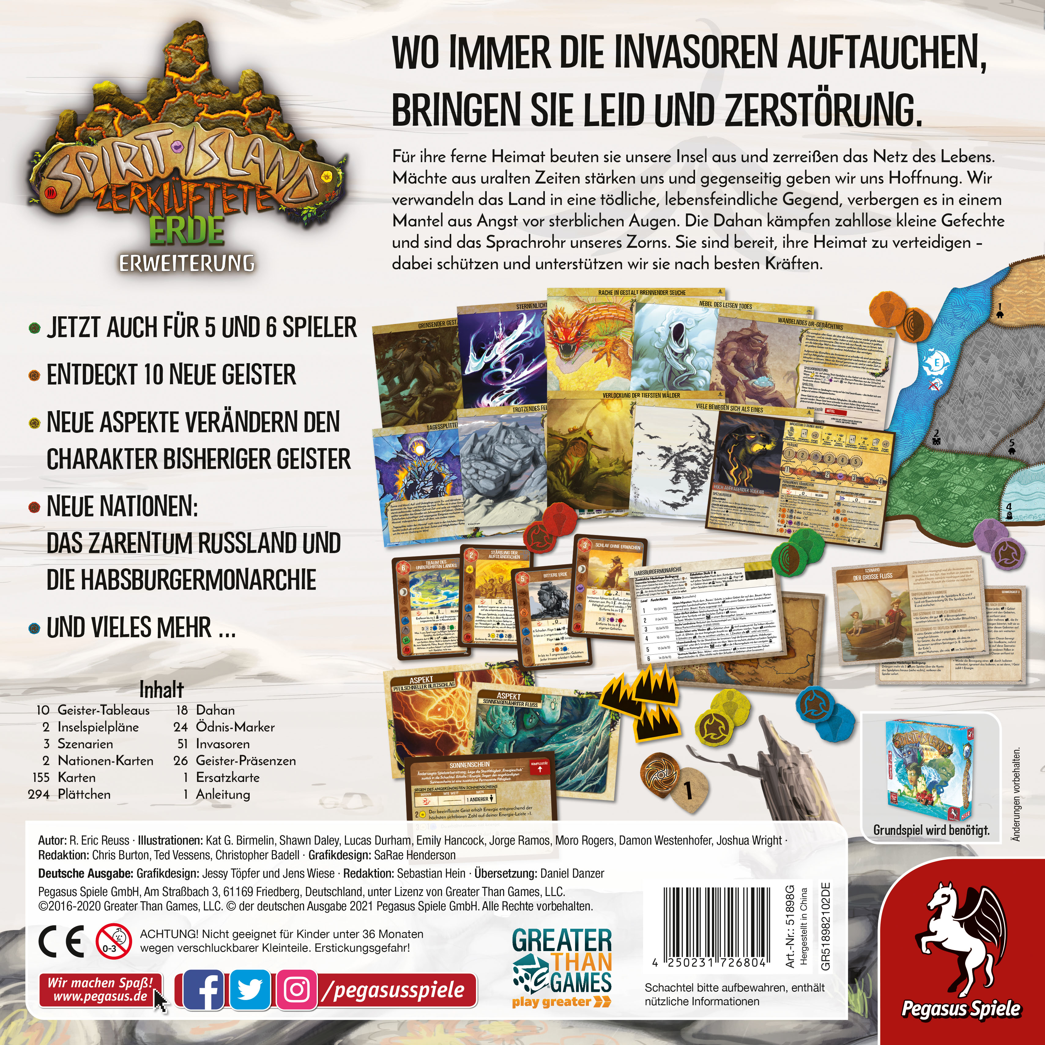 Arte de la caja del juego con texto e imágenes de monstruos y cartas. Incluye el texto "Spirit Island".