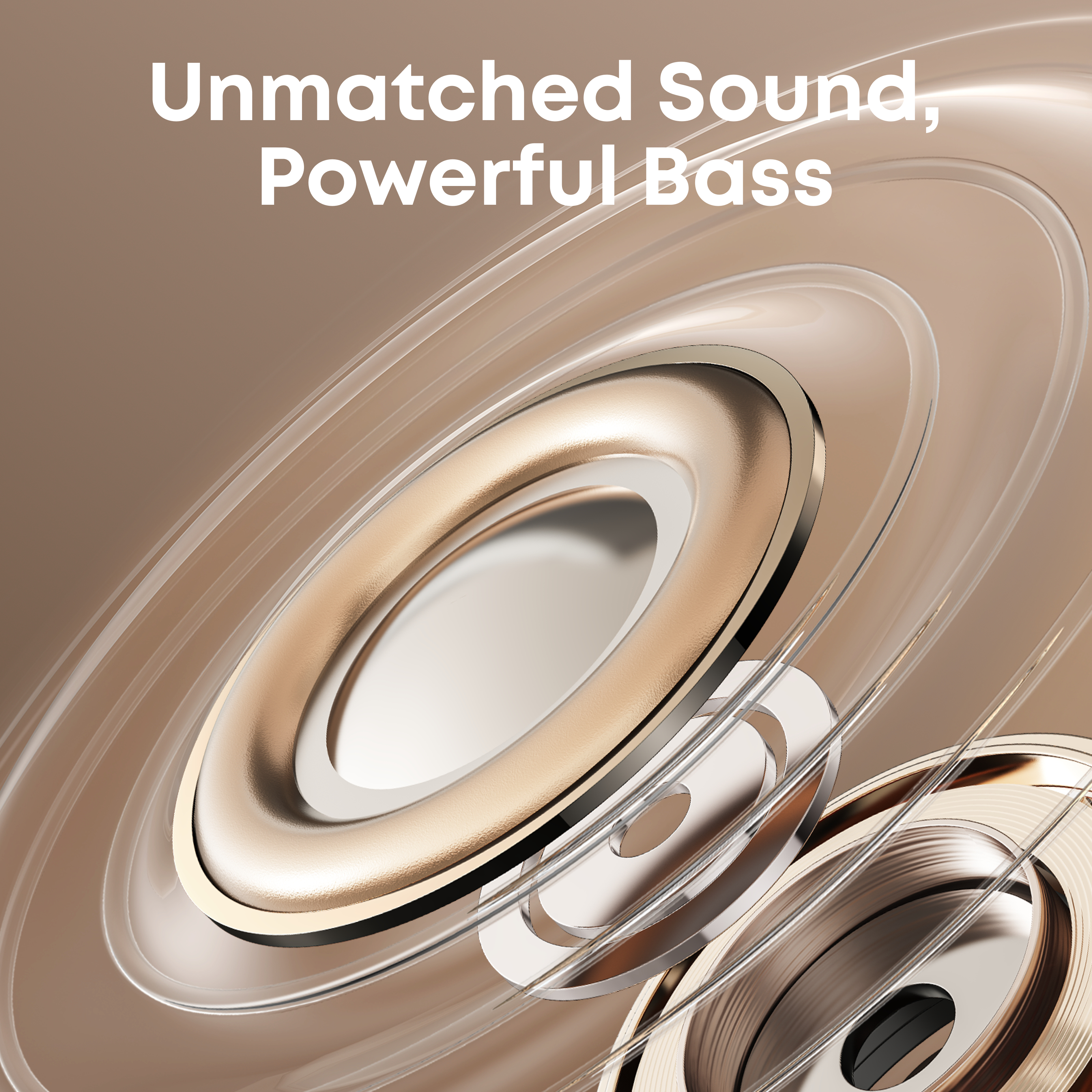Zbliżenie głośnika z tekstem "Unmatched Sound, Powerful Bass". Przejrzyste fale dźwiękowe.