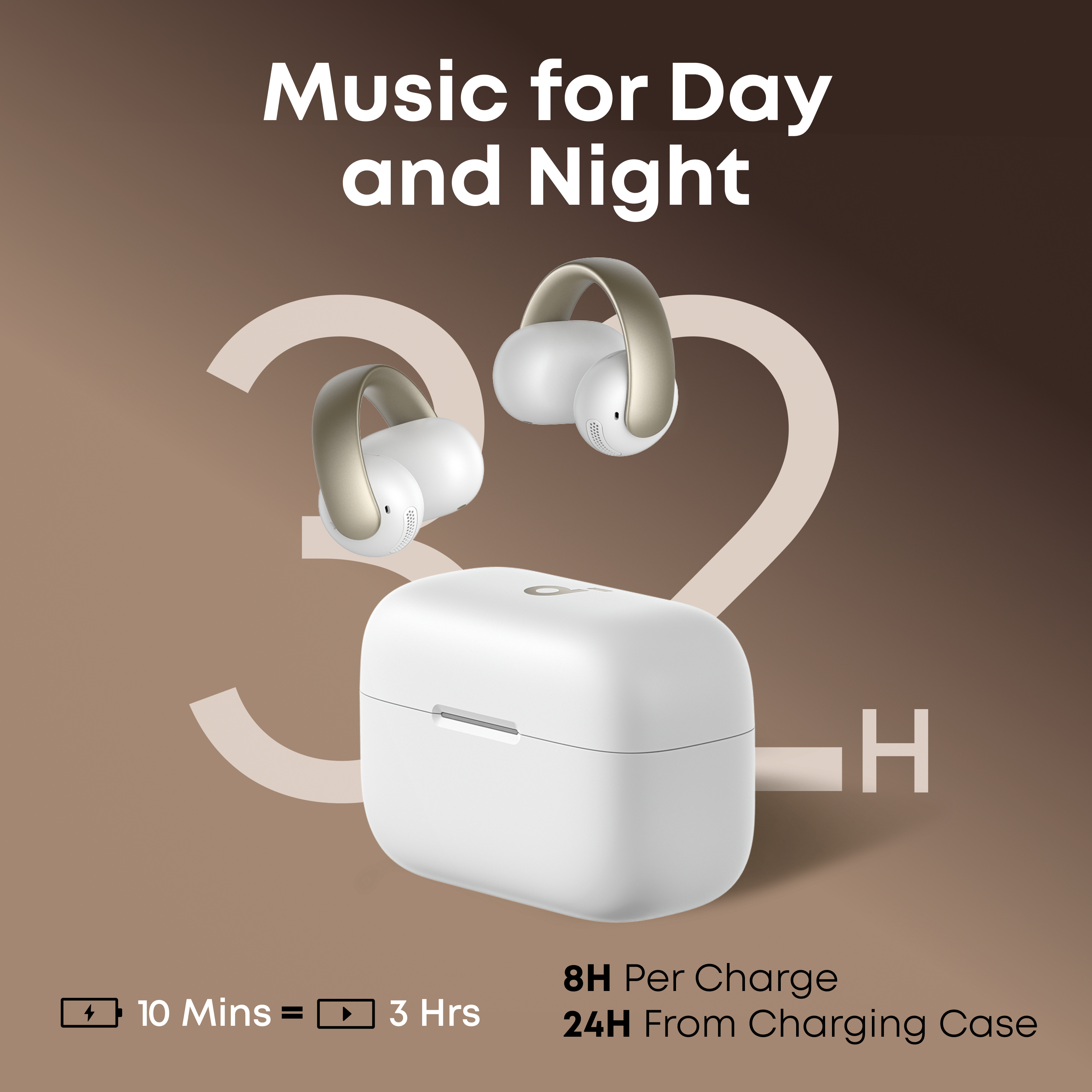 Białe słuchawki i etui ładujące z tekstem "Music for Day and Night". Tekst brzmi 8H i 24H.