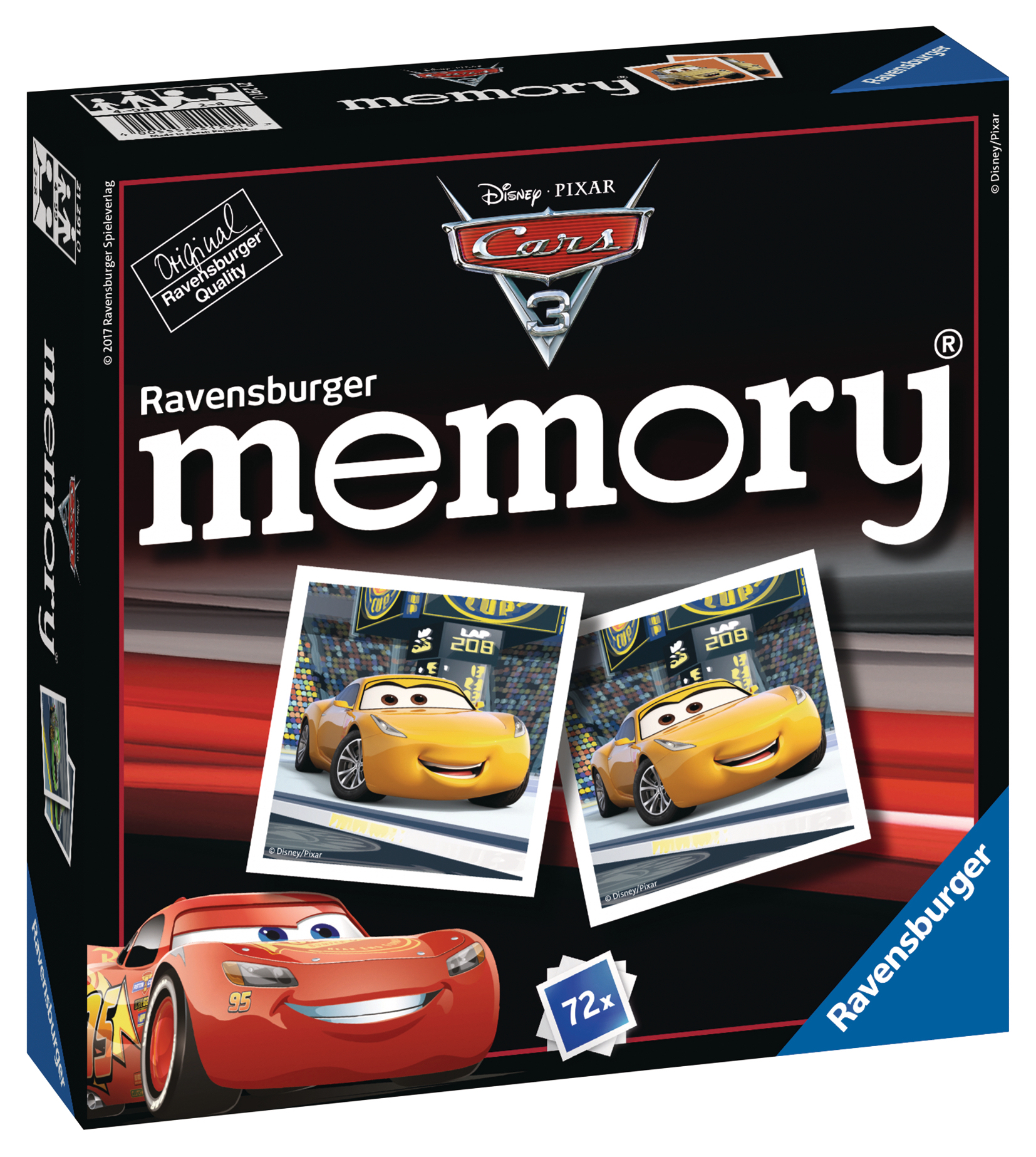 Cars 3 Memory Spielbox mit McQueen und Stadionbildern.