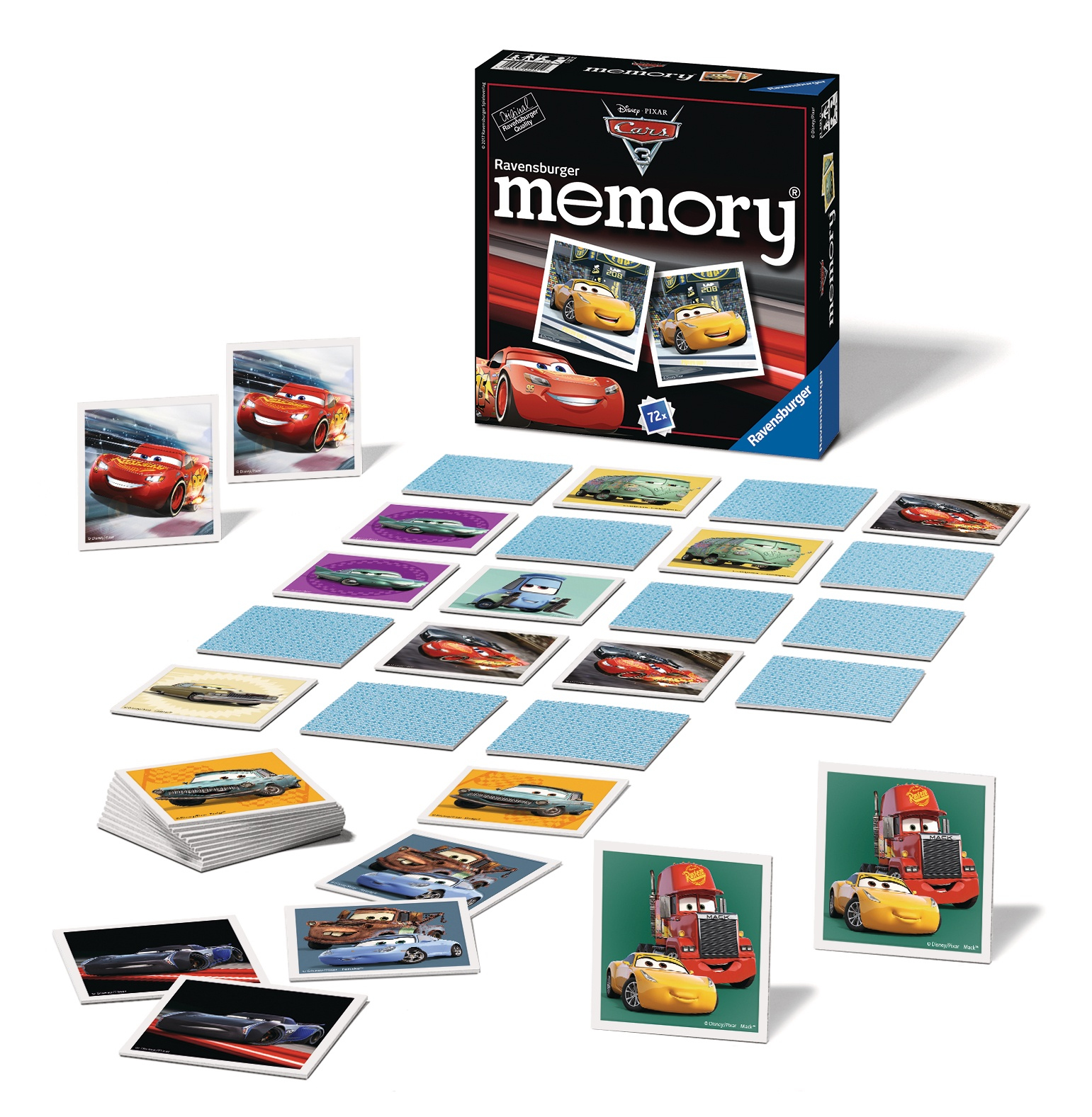Cars Memory Spiel, Box, Karten mit McQueen und anderen Autos.
