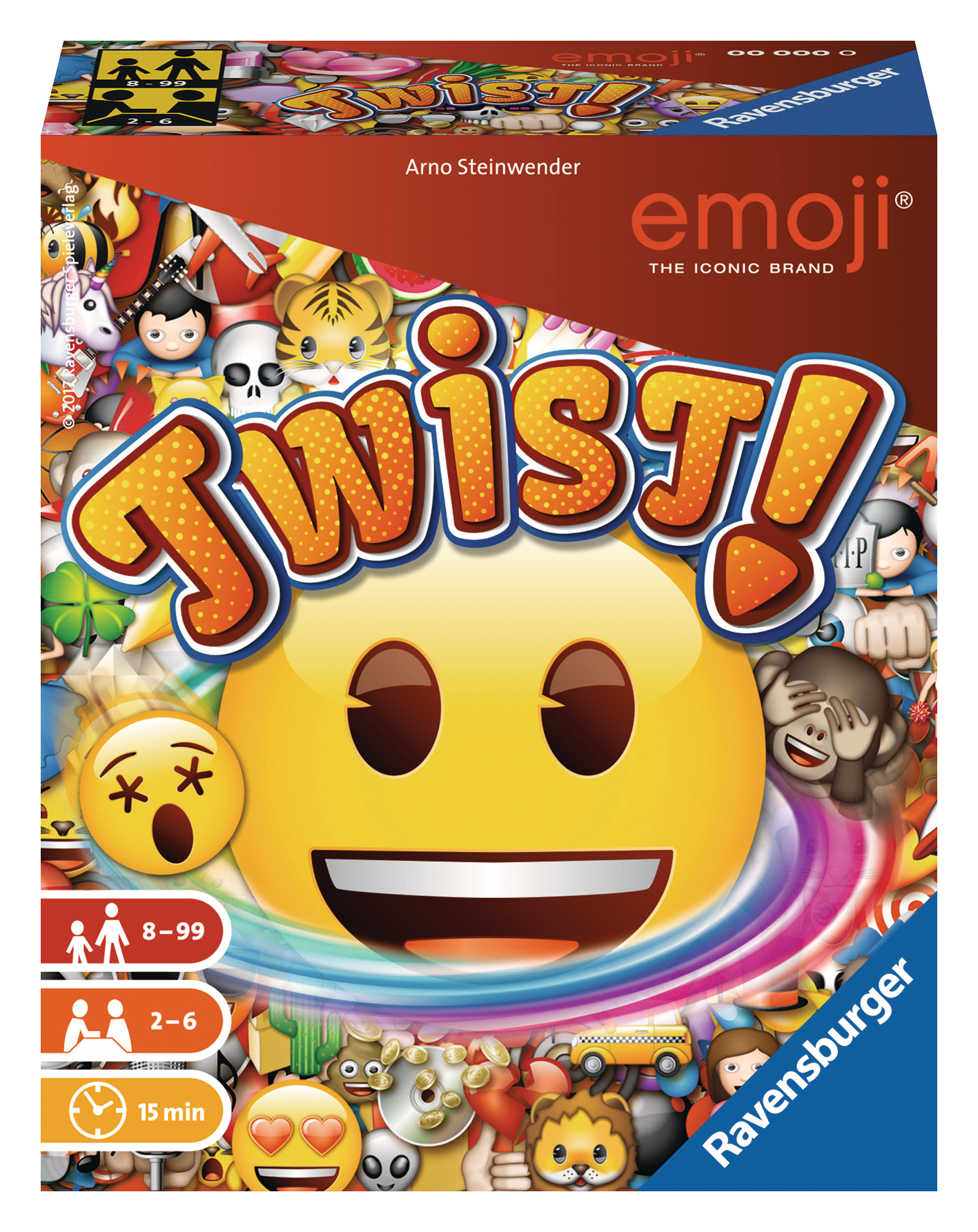 Emoji Twist! Brettspielbox, mit einem lächelnden Emoji-Gesicht.