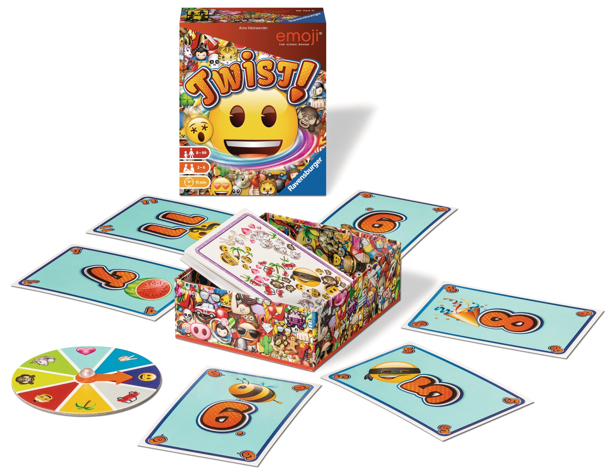 Emoji Twist Spiel, Box, Karten, Spinner und Emoji Illustrationen.