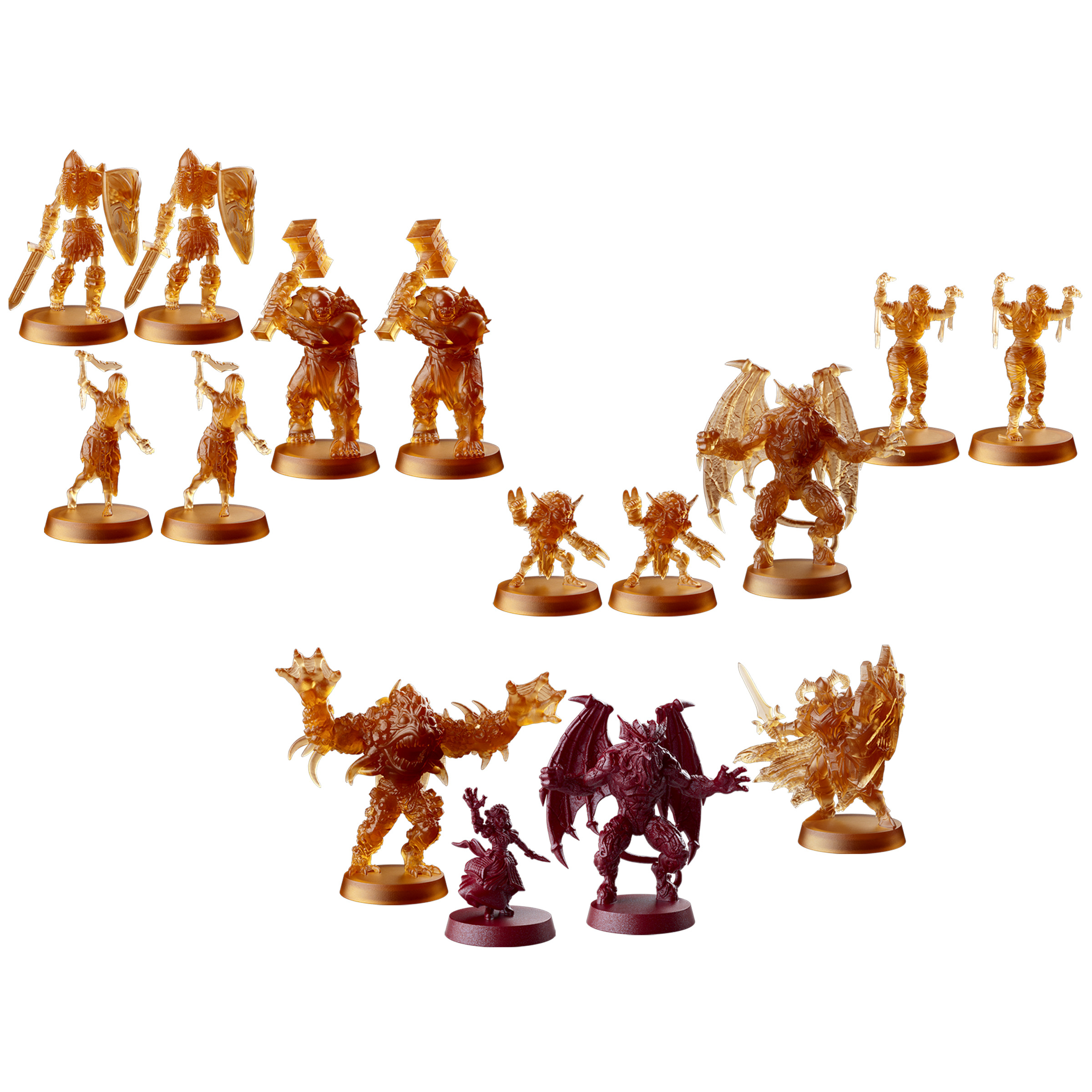 Verschiedene Brettspielfiguren. Einige sind orange, einige dunkelrot, alle stilisiert.