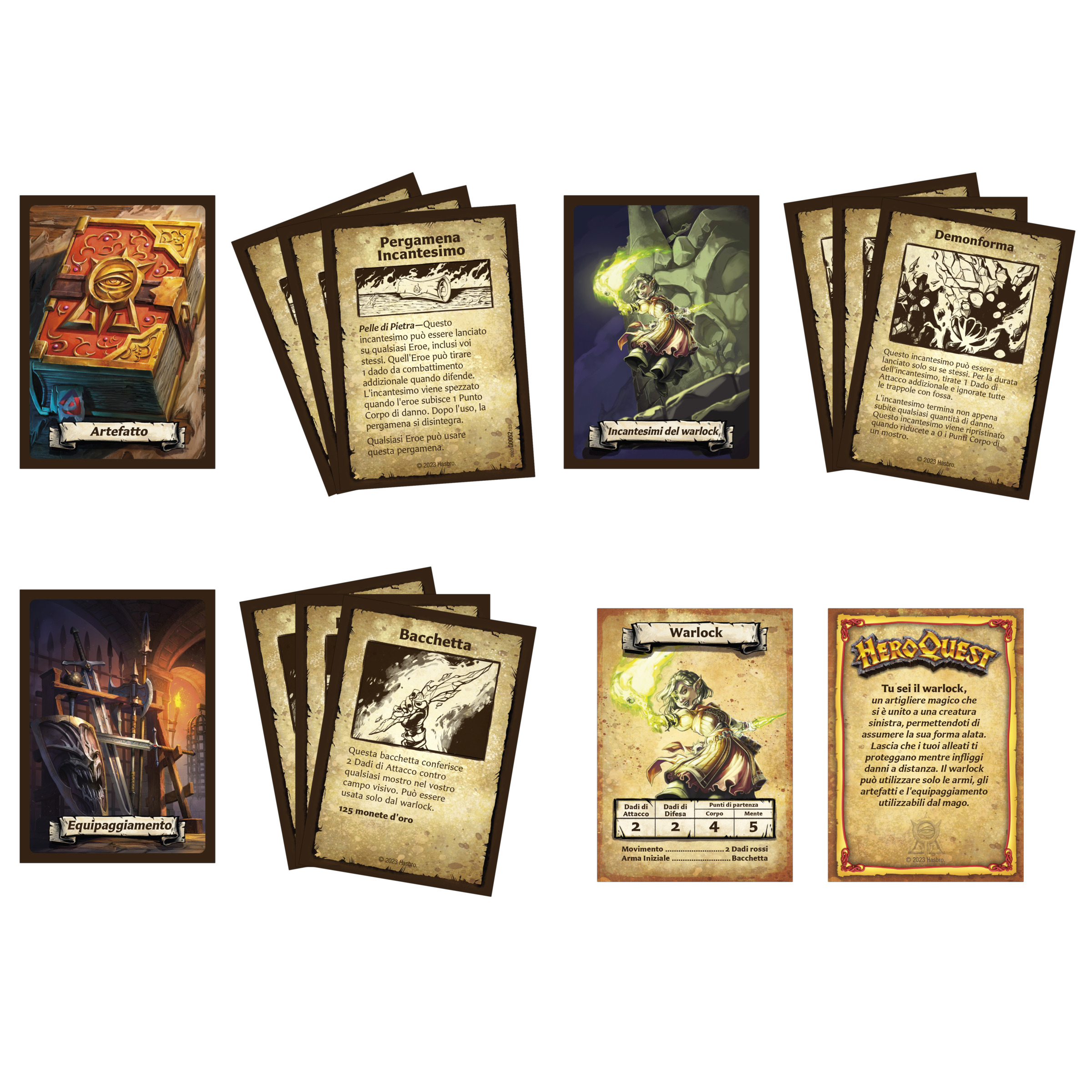 Hero Quest Kartenspielkarten mit Text und Illustrationen.