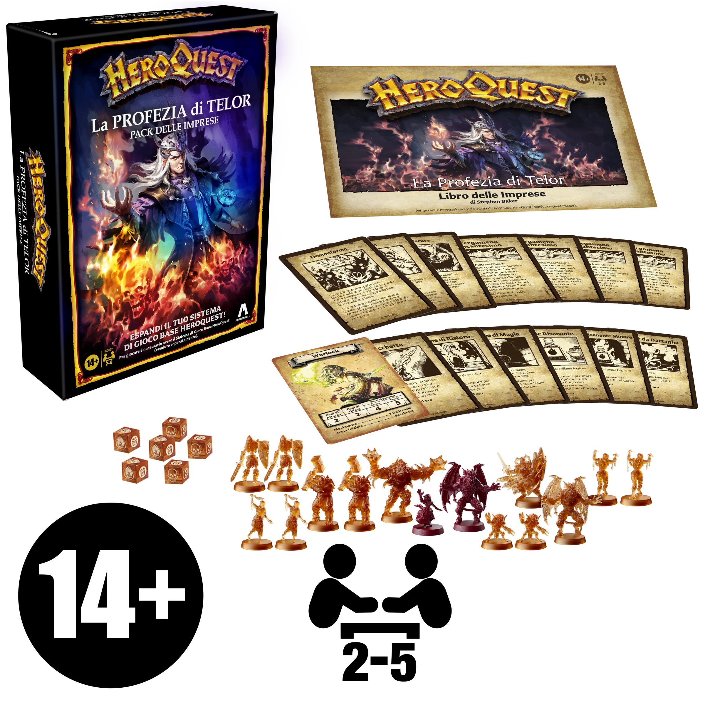 HeroQuest-Brettspielbox mit Karten, Würfeln, Figuren und einer Altersfreigabe ab 14 Jahren.