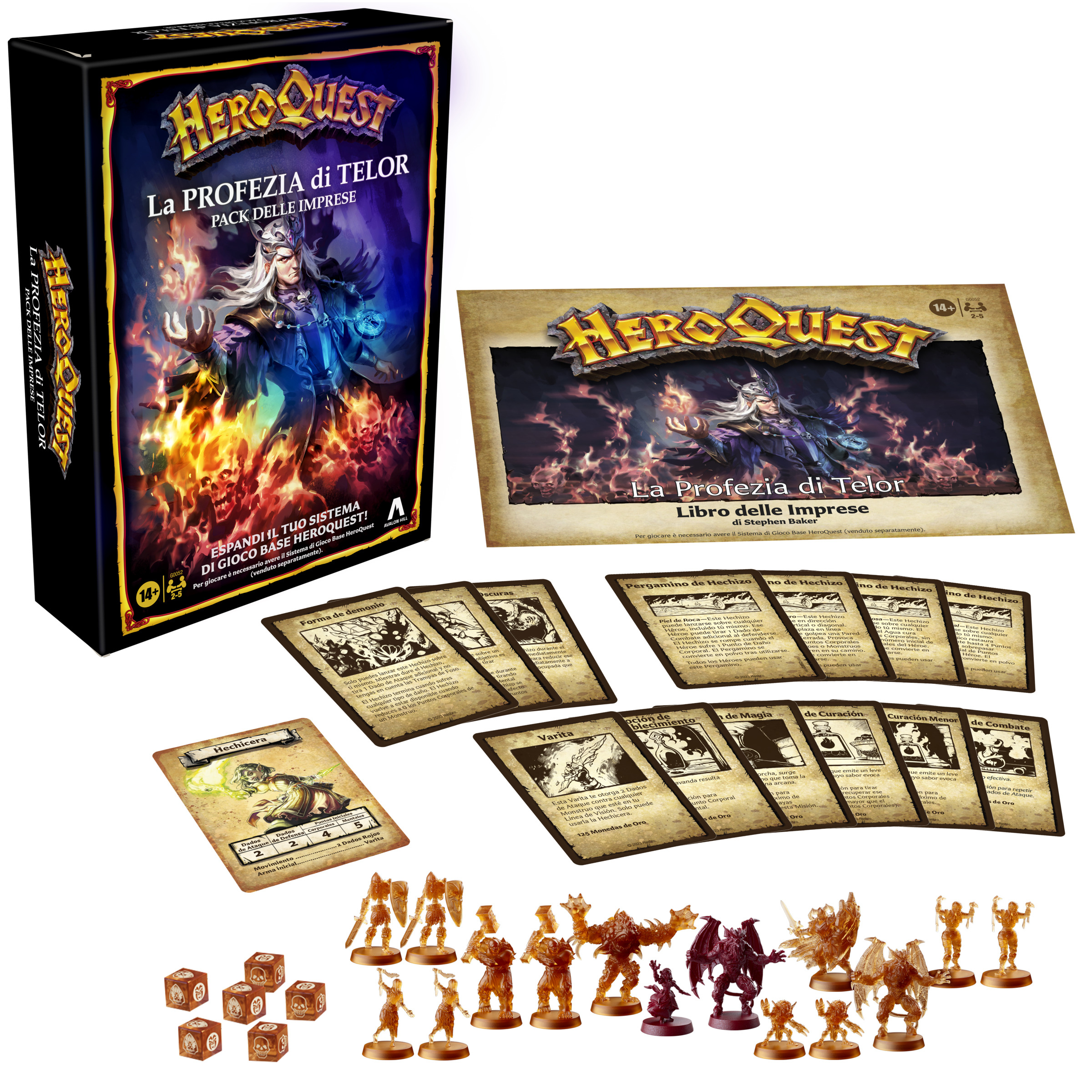 HeroQuest Brettspiel-Set mit Figuren, Karten, Würfeln und einer Spielbox.