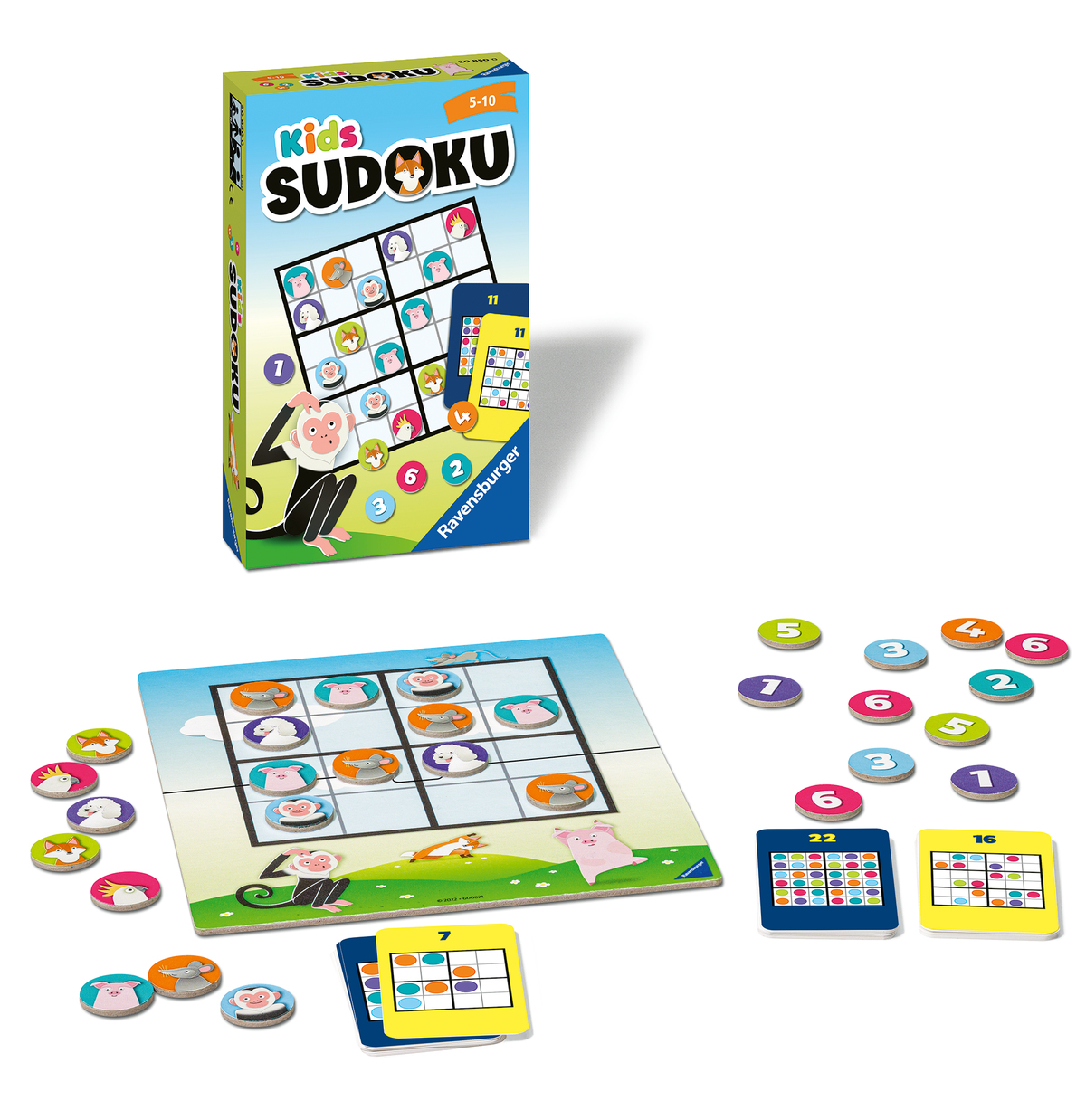 Kindersudoku-Spiel mit Affe, Brett, Zahlen-Chips.