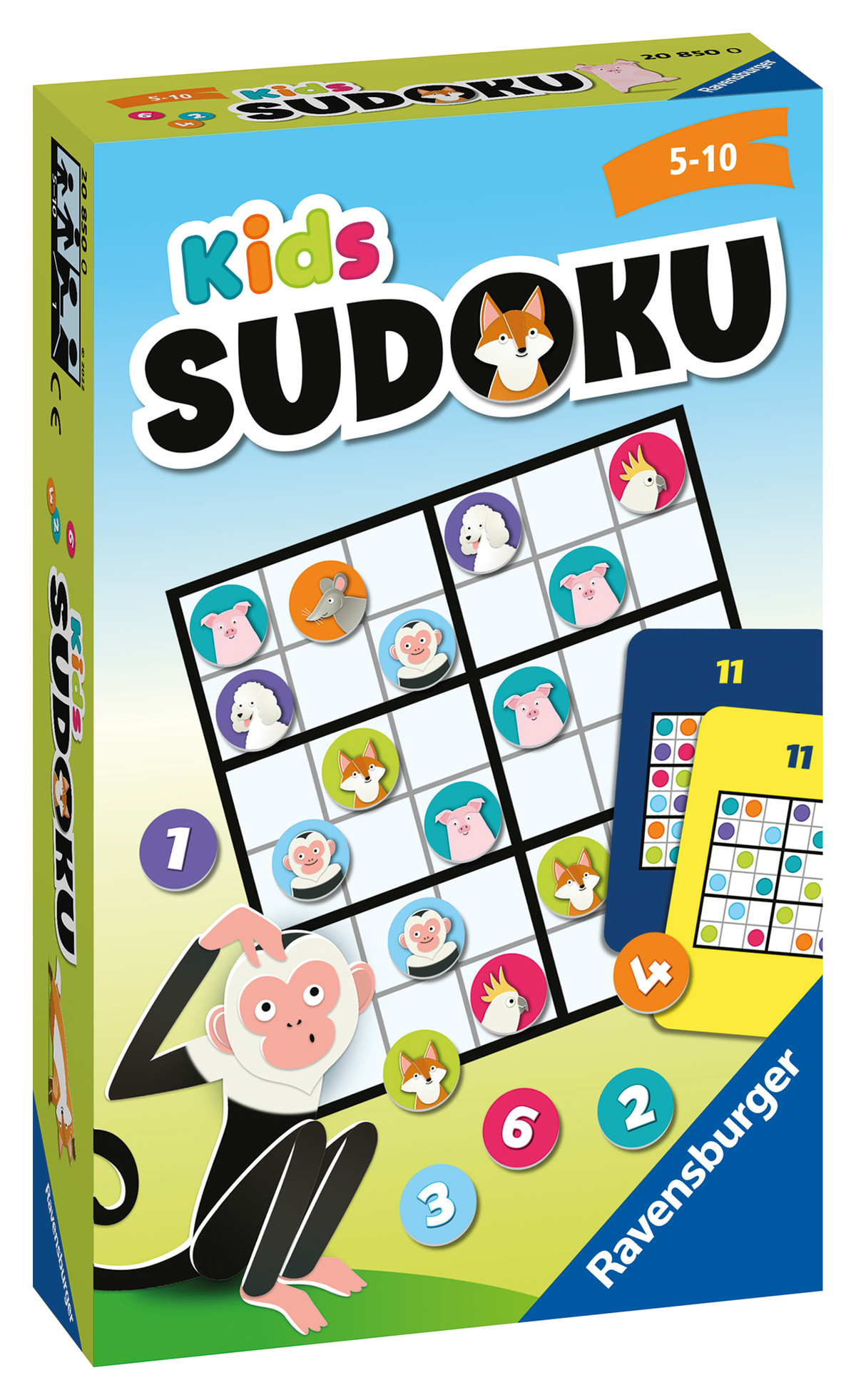 Kids Sudoku-Box mit sichtbarem Brettspiel. Grün, Blau und Weiß werden verwendet.