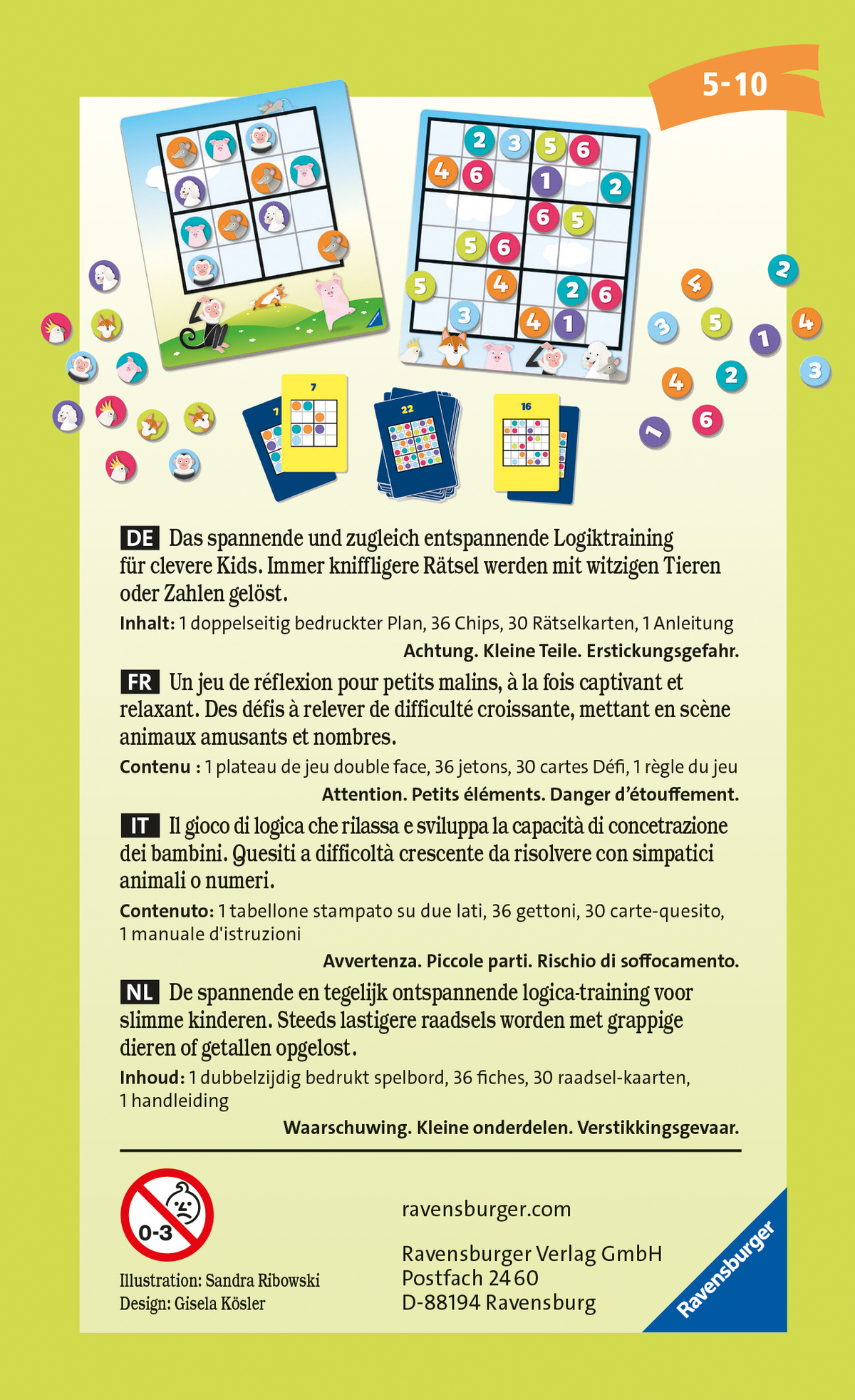 Kids Sudoku Spiel, Rückseite der Box, mit Spielanleitung in mehreren Sprachen.