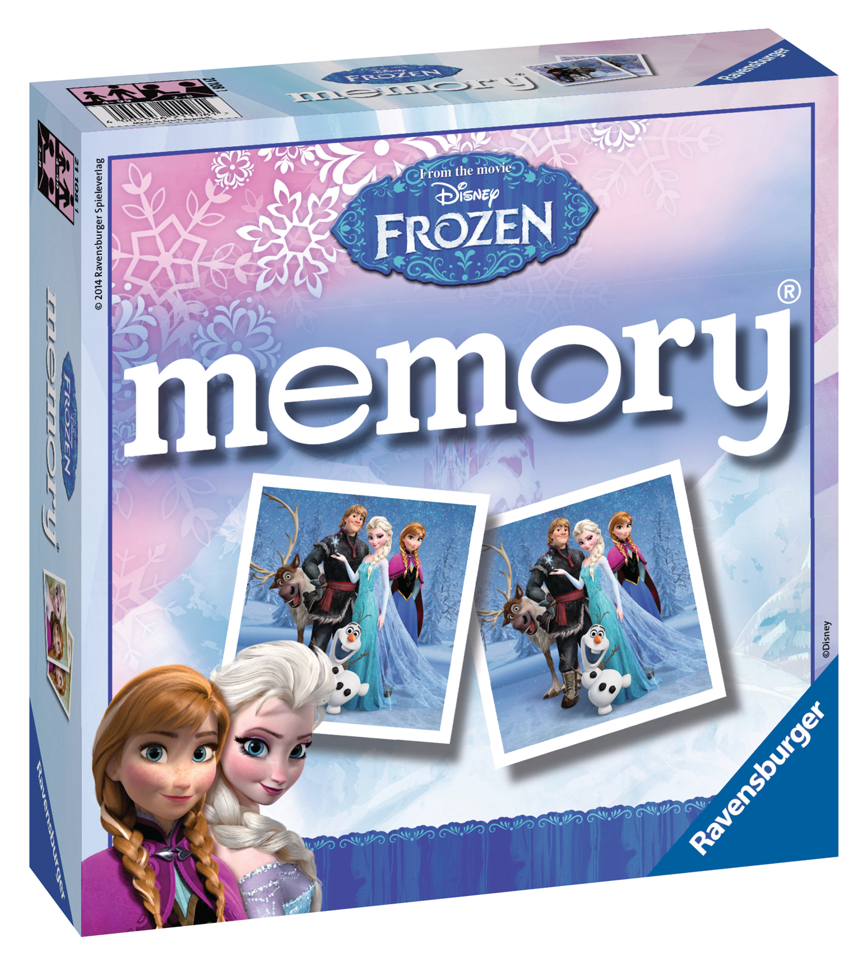 Frozen Memory Spielbox mit Anna, Elsa und Schnee Bildern.