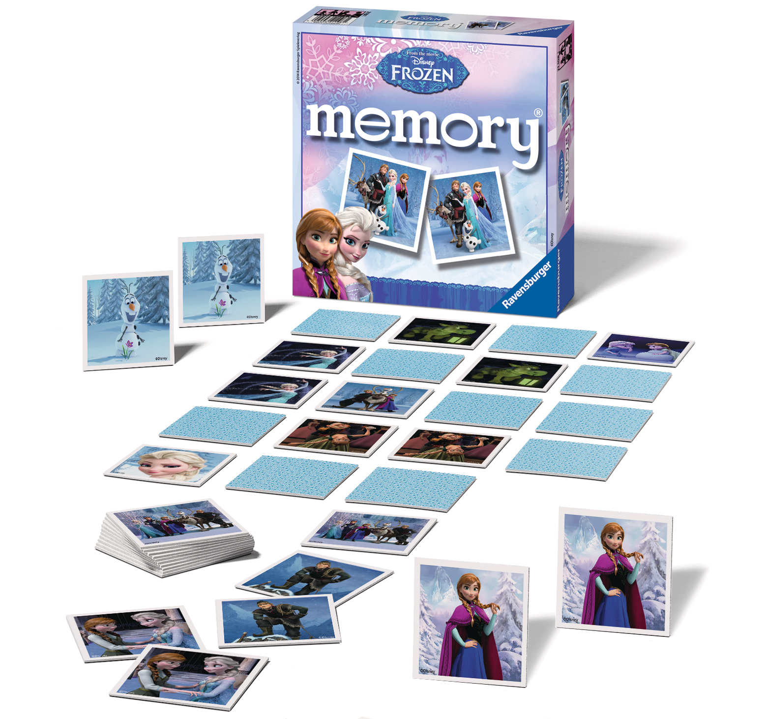 Frozen Memory Spiel, Box, Karten, mit Anna, Elsa und Olaf Bildern.