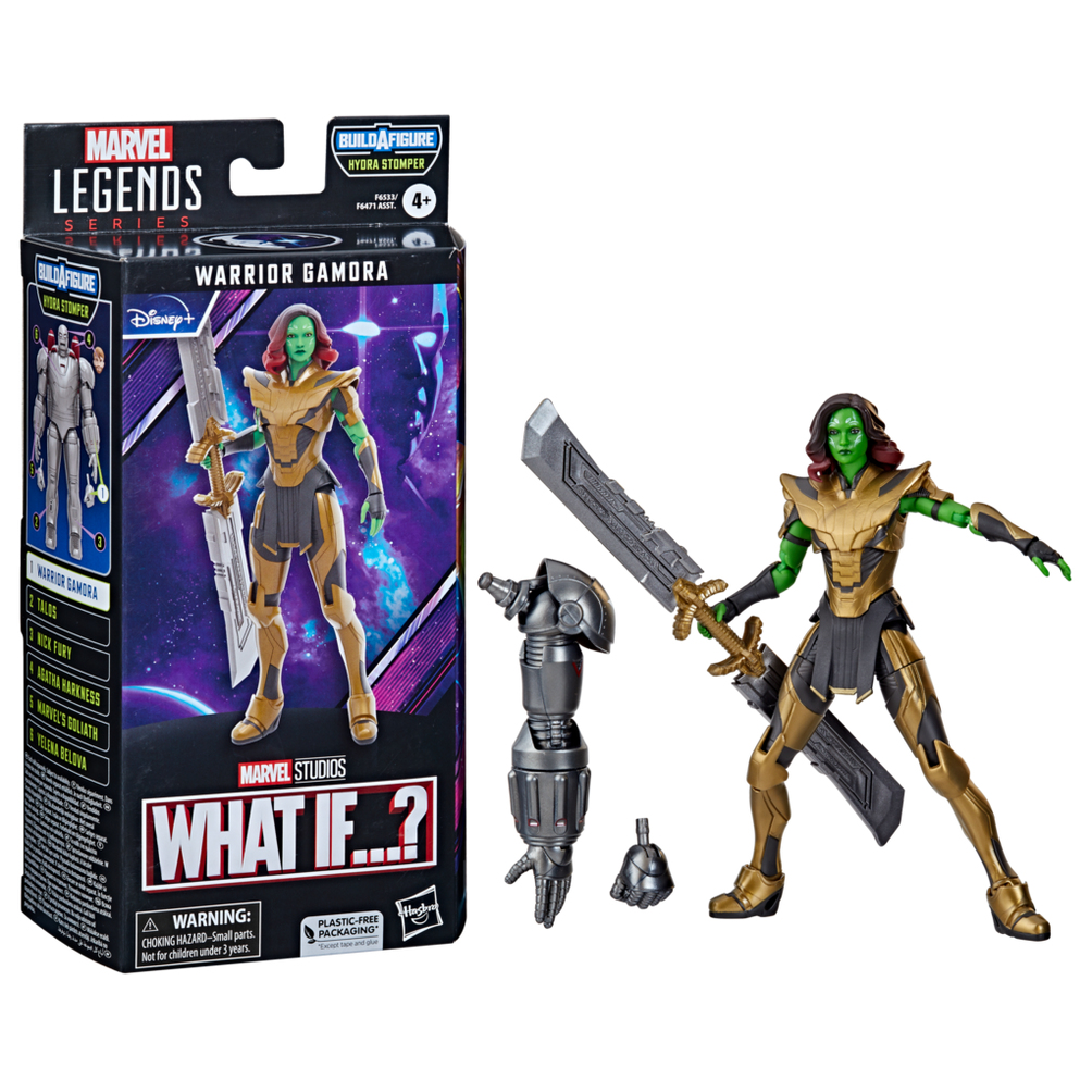 Figura de acción de la guerrera Gamora con espada y accesorios, junto a la caja.