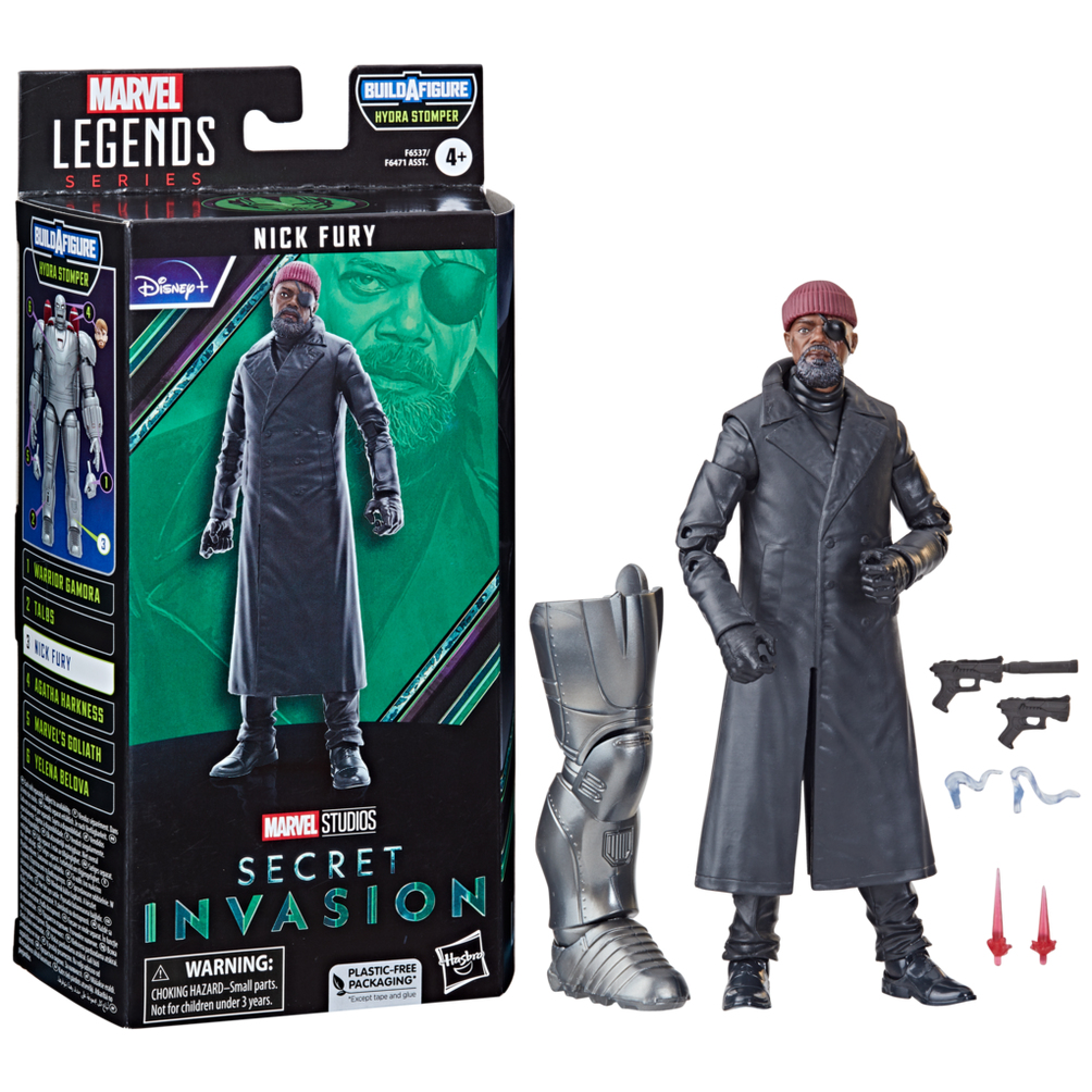 Figura de acción de Nick Fury con accesorios, en un abrigo negro, junto a la caja.