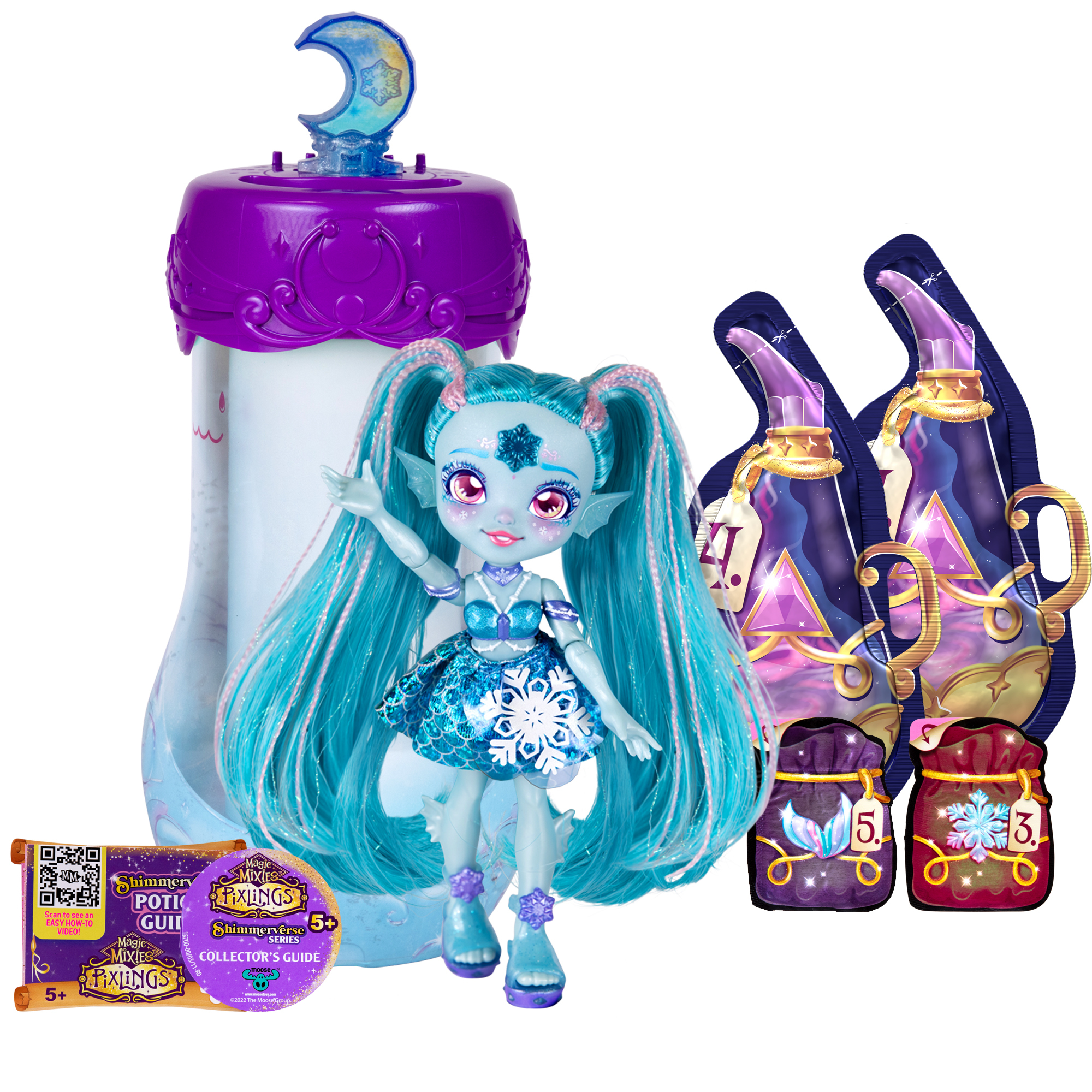 Lalka z niebieskimi włosami i strojem syreny, z akcesoriami, na białym tle.