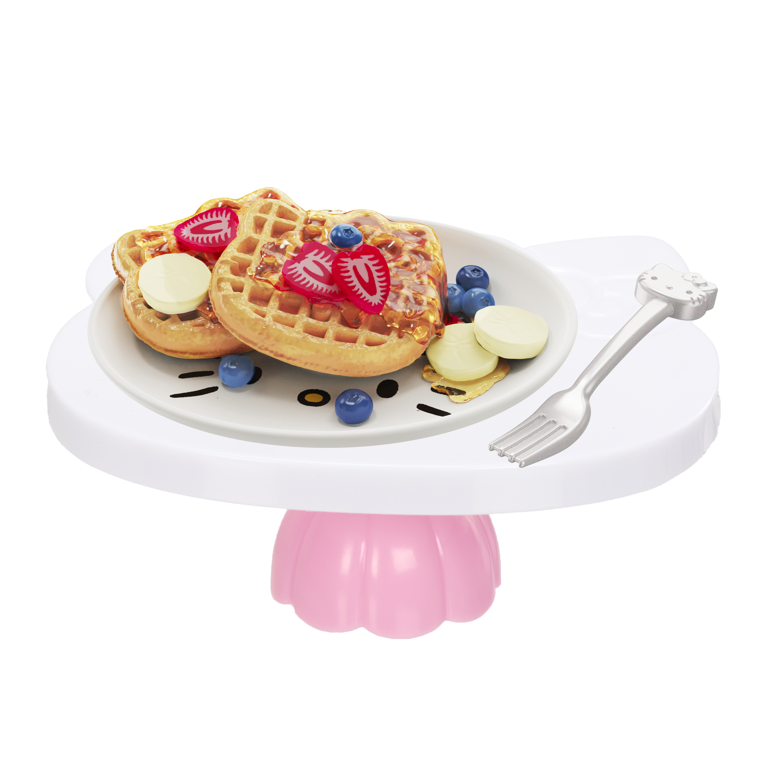 Gofry z truskawkami, jagodami i masłem, na talerzu w kształcie Hello Kitty z widelcem.