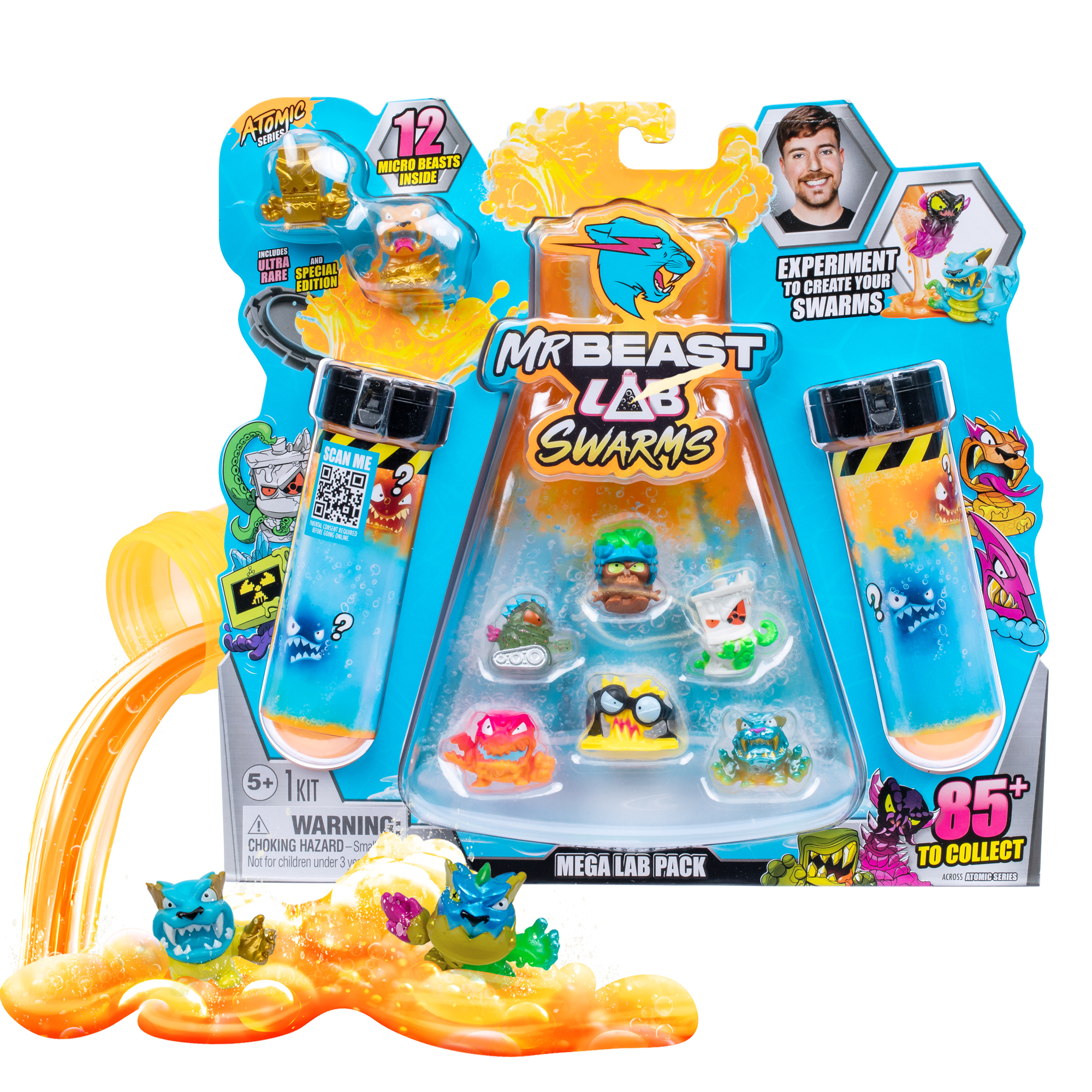 Ein Spielzeugset mit Monstern und einer Tube mit orangener Flüssigkeit, die herausläuft. Die Verpackung zeigt Mr. Beast.
