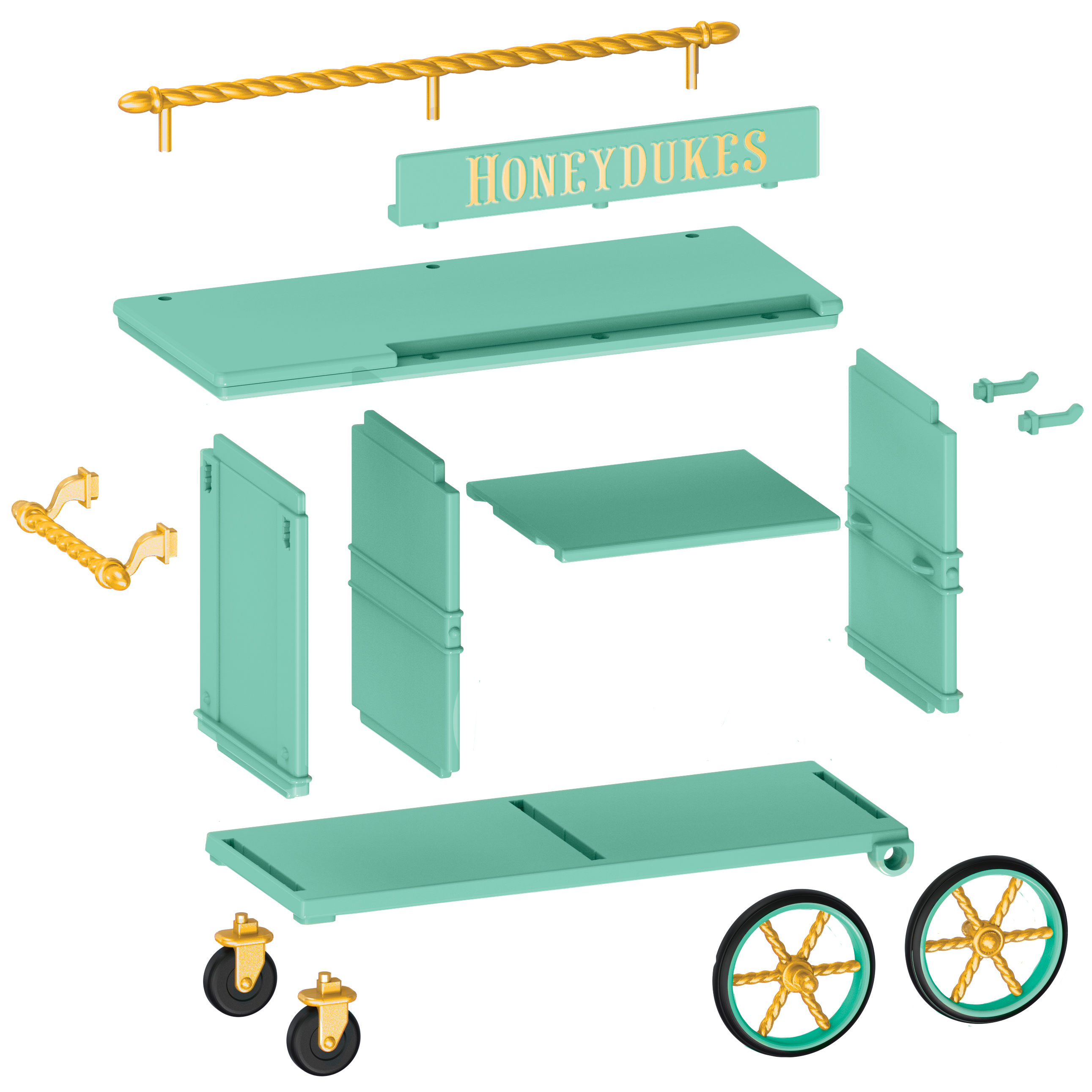 Zdemontowane elementy wózka Honeydukes: półki, koła, oznakowanie i złote akcenty. Izolowane na białym tle.