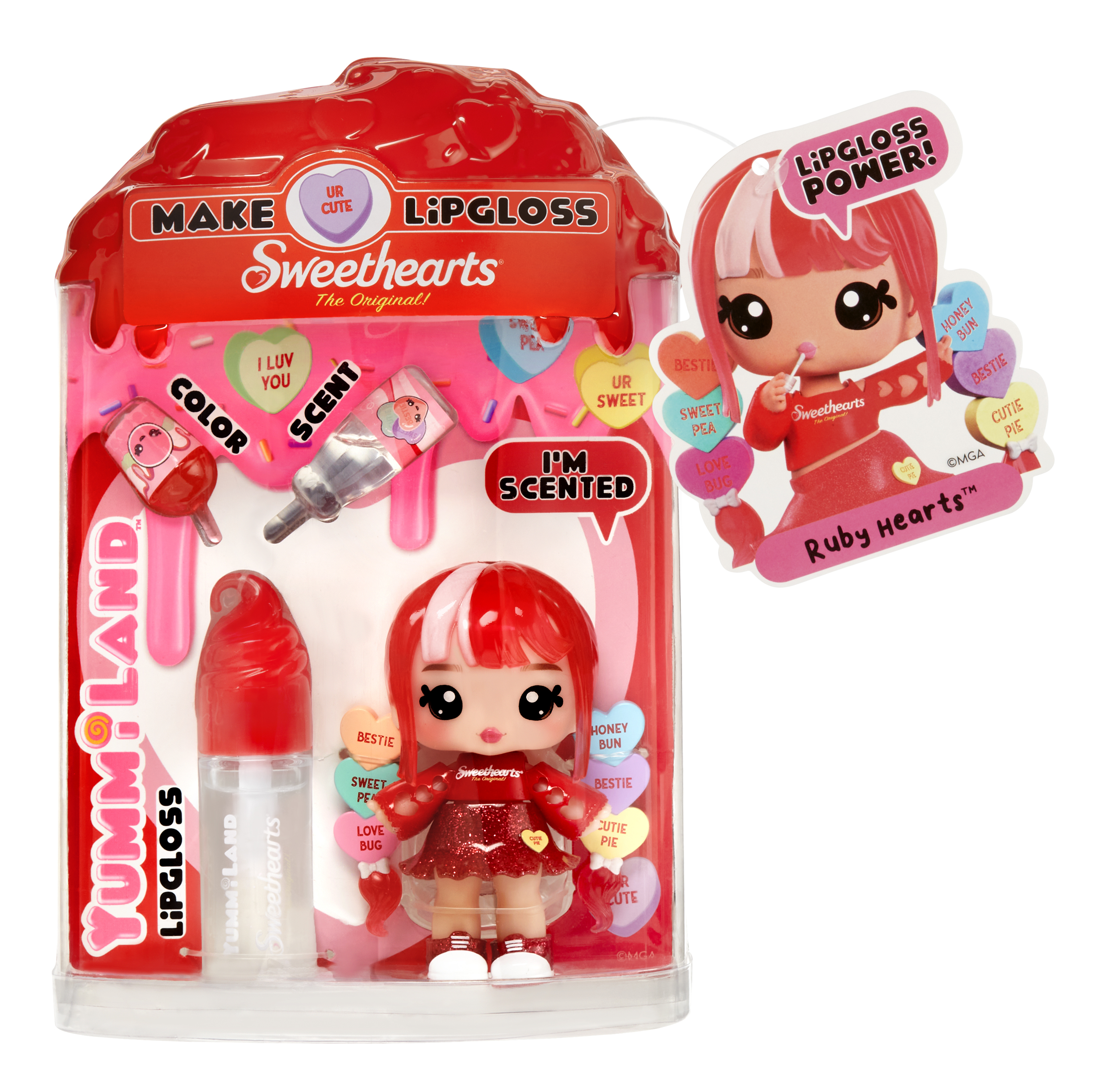 Sweethearts Puppe im Paket. Rotes Haar, Kleid und Accessoires, mit Lipgloss-Flasche und anderen Artikeln.
