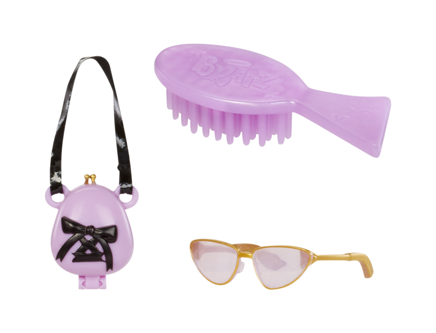 Akcesoria: torebka, okulary przeciwsłoneczne i szczotka. Wszystkie są różowe i fioletowe.