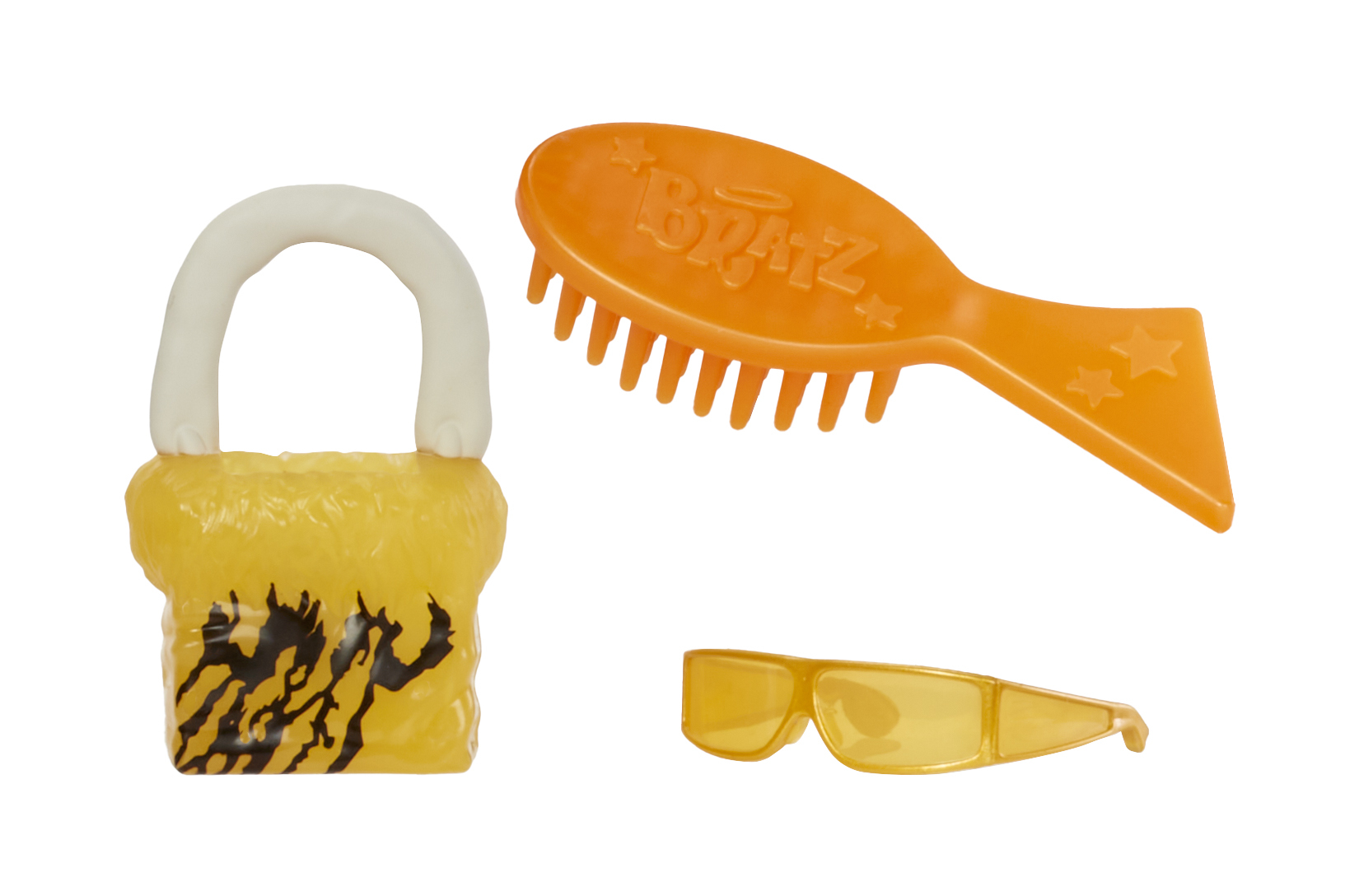 Akcesoria do lalek: kłódka, szczotka i okulary przeciwsłoneczne. Kłódka jest żółta. Szczotka jest pomarańczowa.