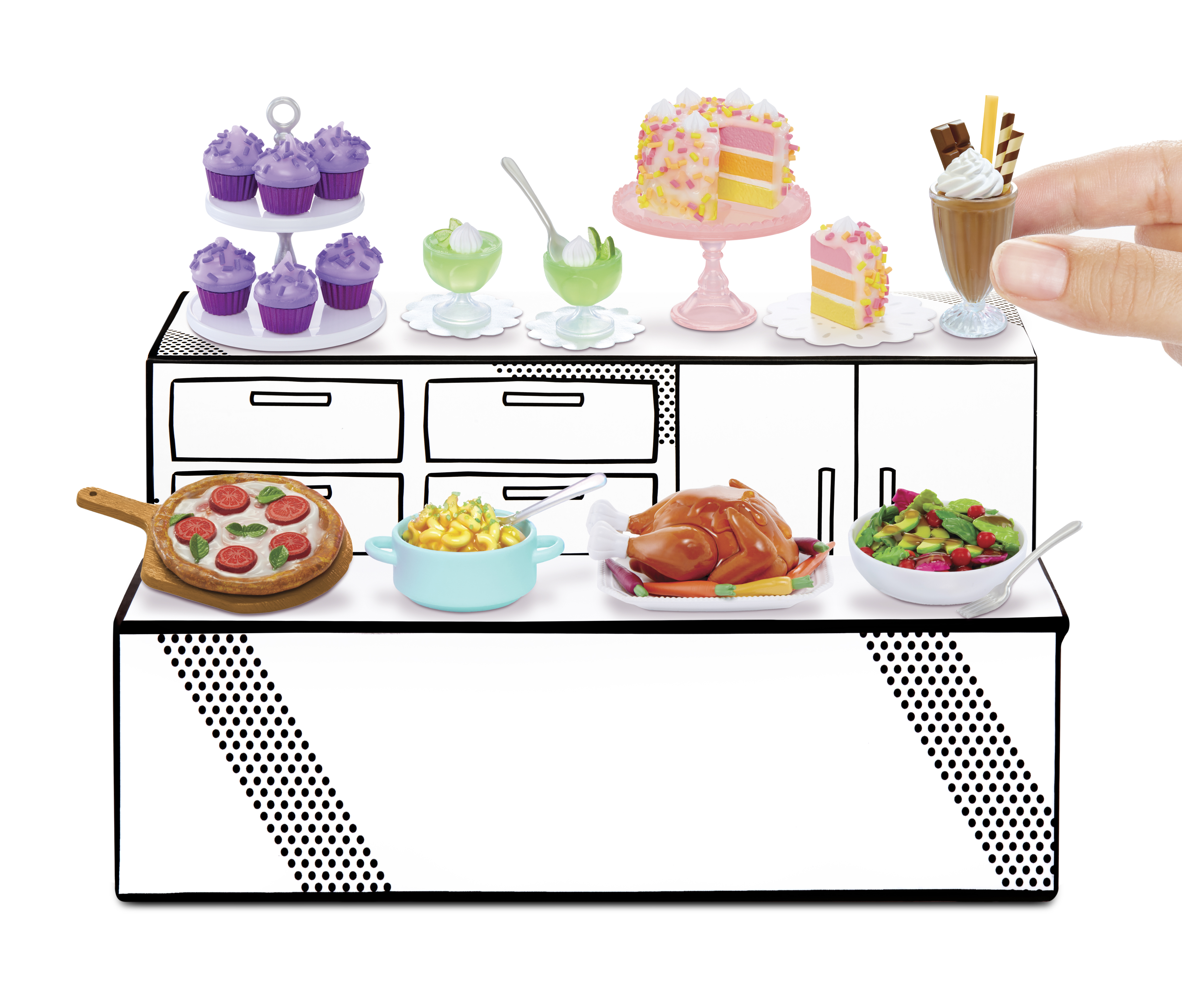 Alimentos en miniatura sobre una encimera, incluyendo cupcakes, pastel y un batido.