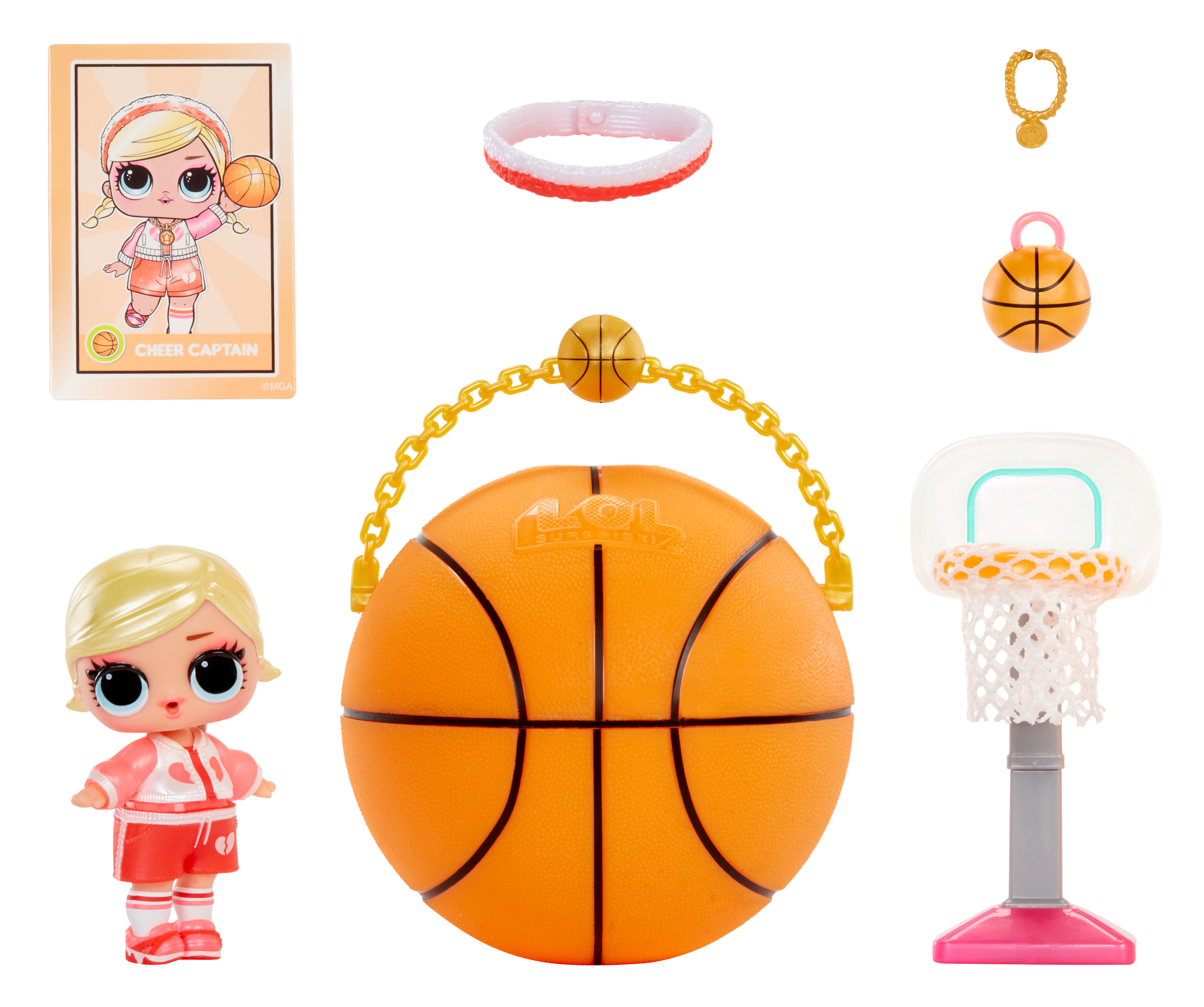 Lalka, akcesoria i torba transportowa z motywem koszykówki.