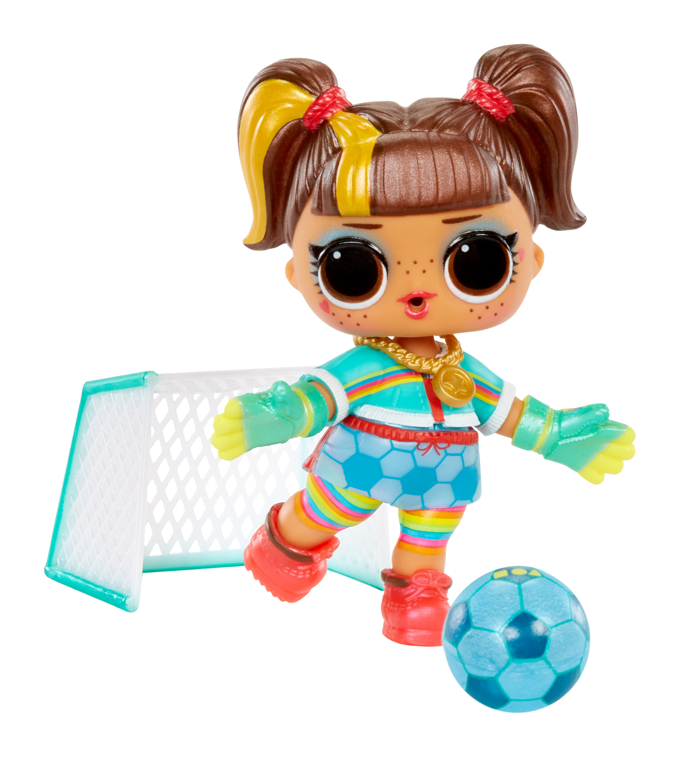 Lalka piłkarska z piłką i siatką do bramki.