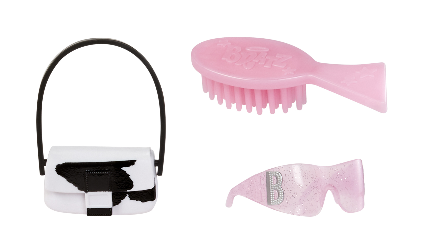 Akcesoria, w tym torebka, szczotka i okulary przeciwsłoneczne z logo Bratz.