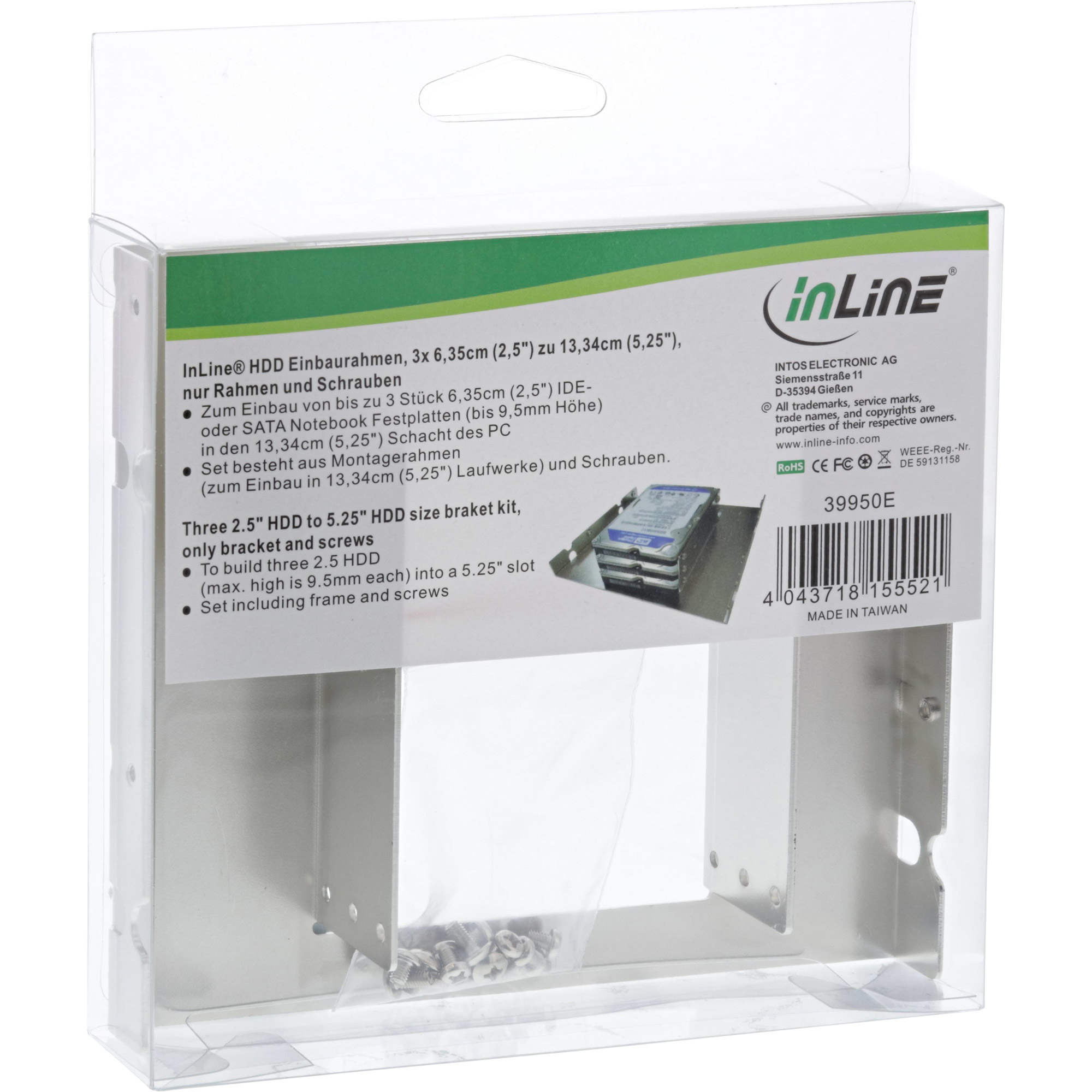 Transparente Plastikbox mit silbernem Metallrahmen und Schrauben zur Installation von HDDs. Text auf Deutsch.