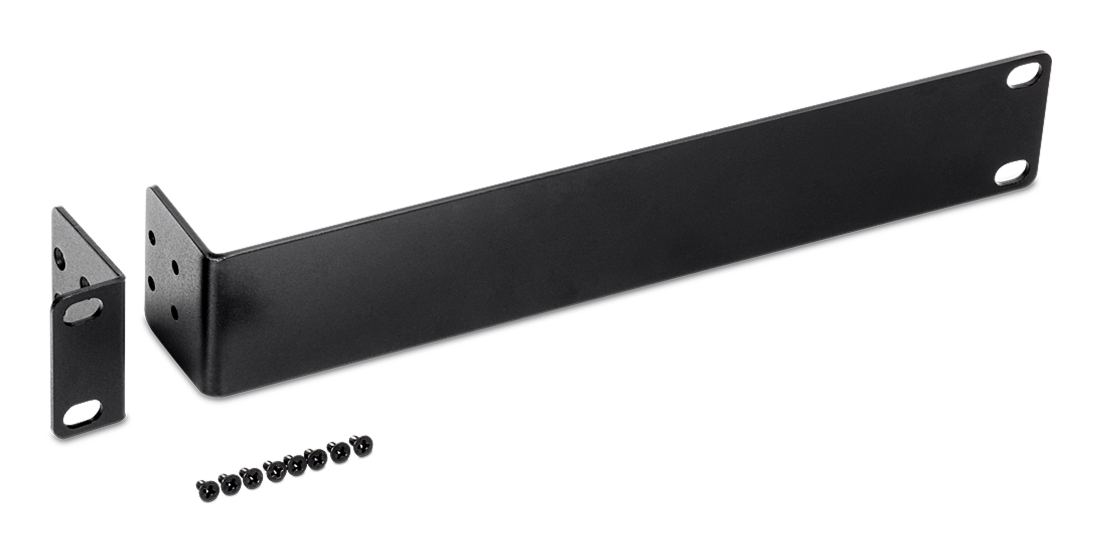 Un support en métal noir et une pièce de support, avec des trous de vis et un jeu de vis.