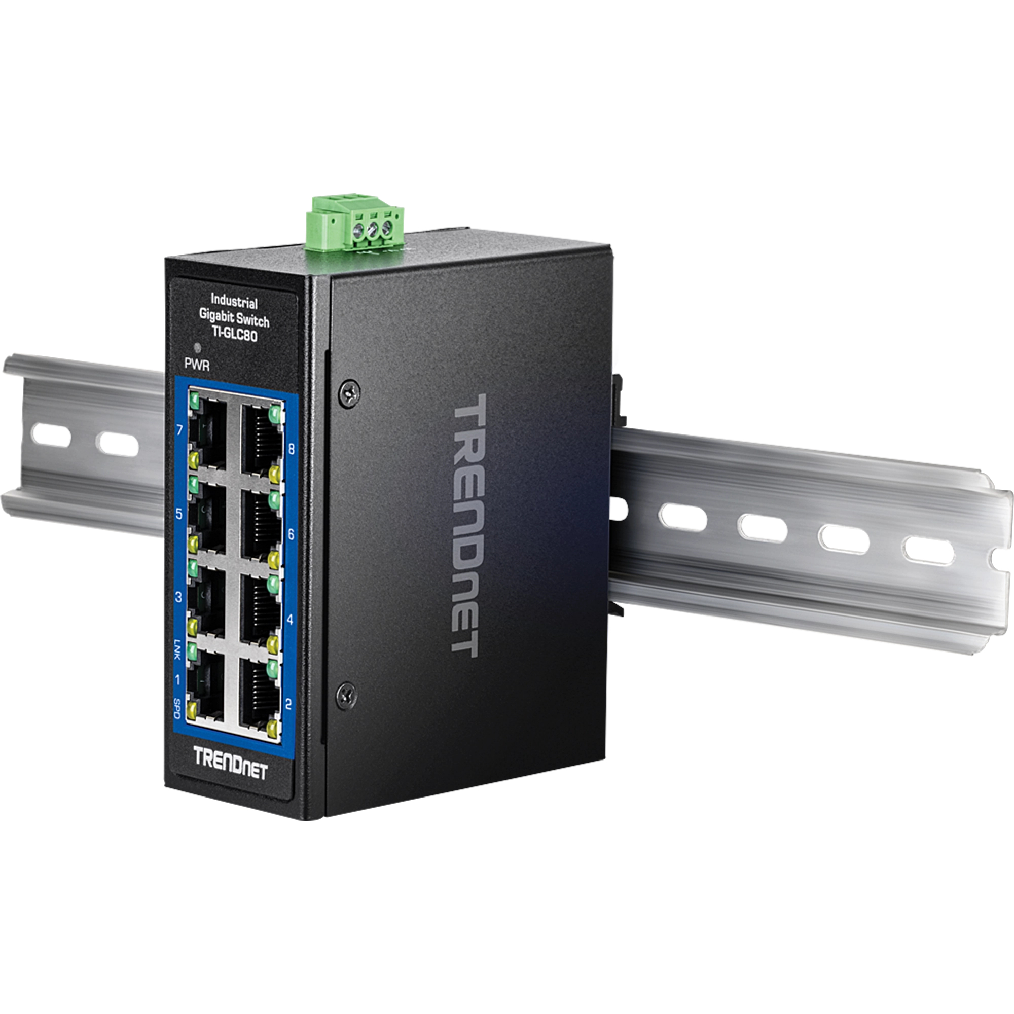 Commutateur industriel TRENDnet noir avec ports, monté sur rail, fond blanc.