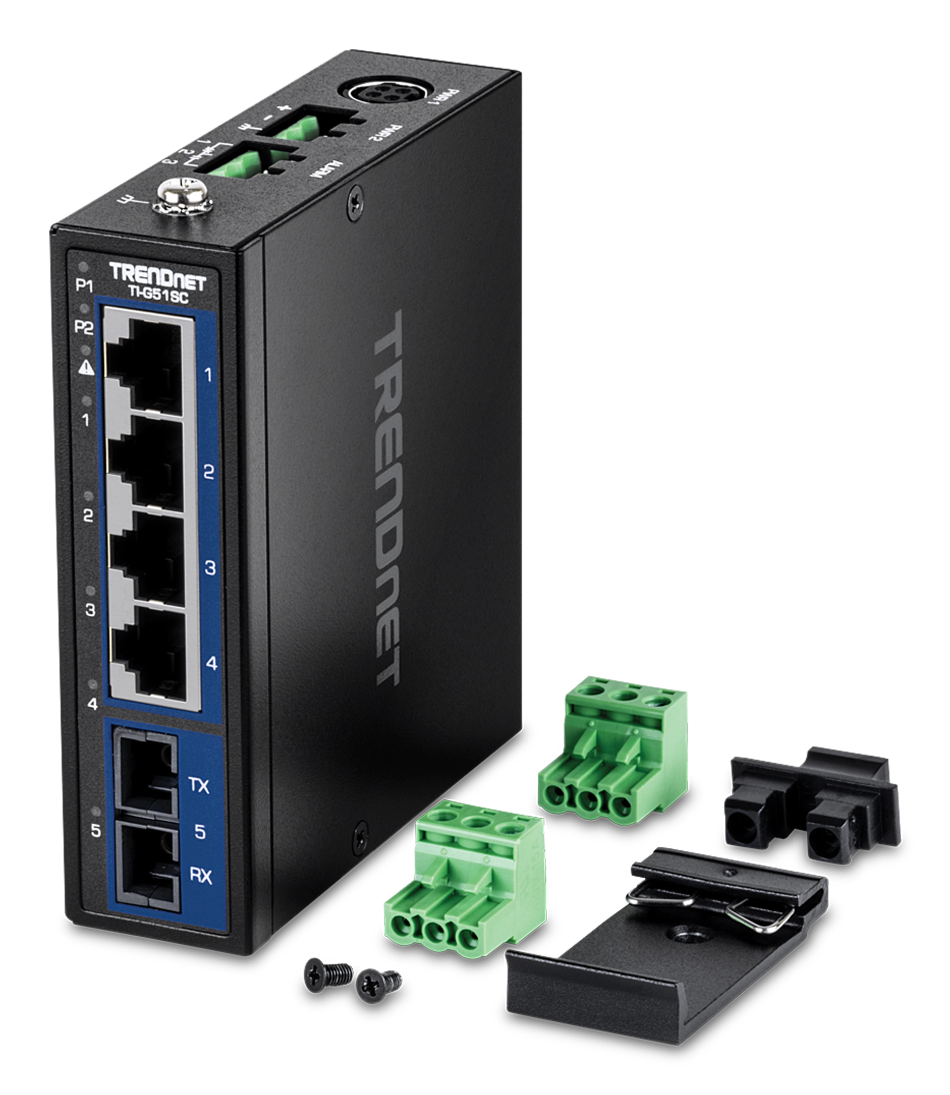 Commutateur industriel TRENDnet noir avec ports, connecteurs verts et accessoires, fond blanc.