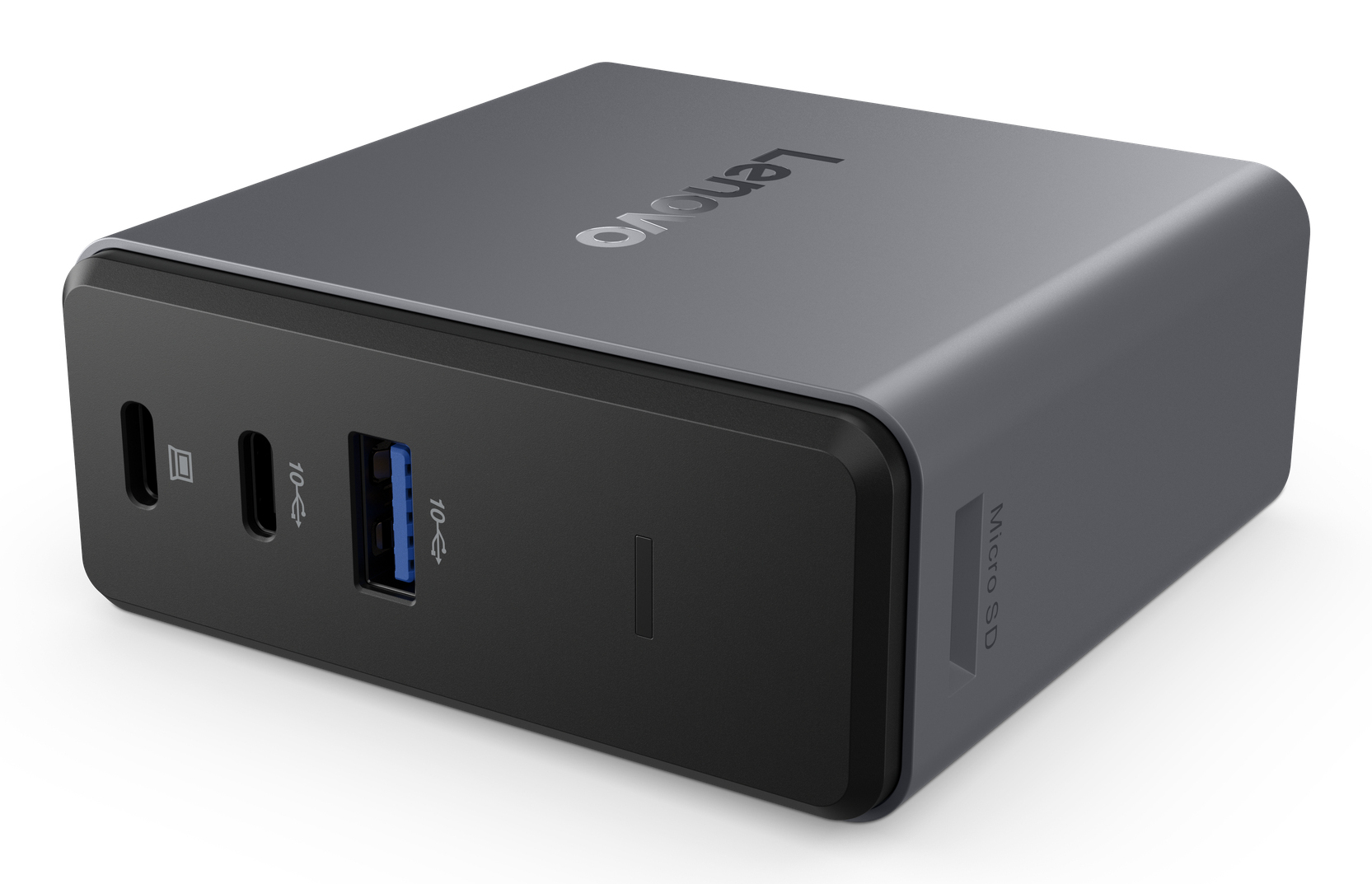 Dunkelgrauer Lenovo USB-C-Hub mit Anschlüssen und microSD-Steckplatz, isoliert auf weißem Hintergrund.