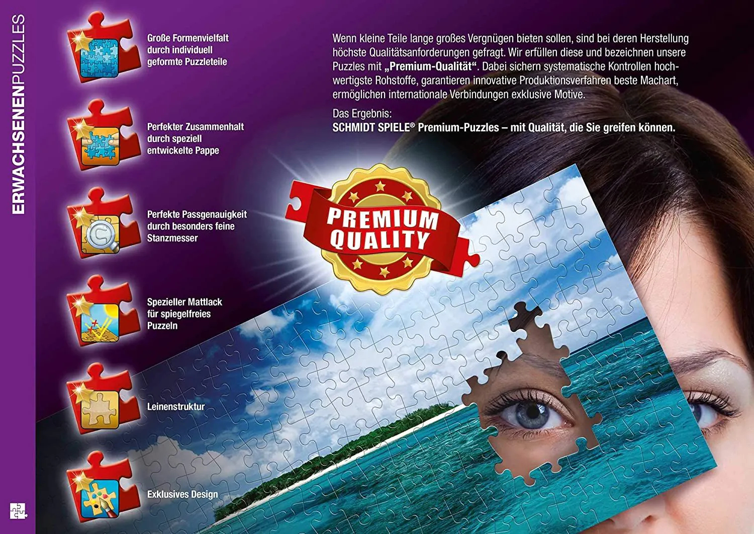 Frau blickt durch ein Puzzleteil auf ein Puzzle, mit Text über Premium-Qualität.