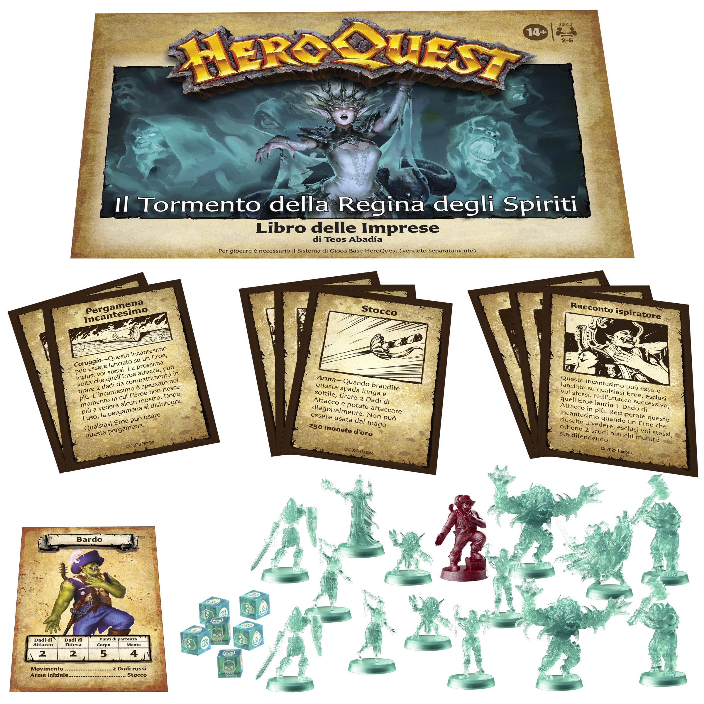 HeroQuest-Brettspielbox und Komponenten: Karten, Figuren und Spielbrettkunst.