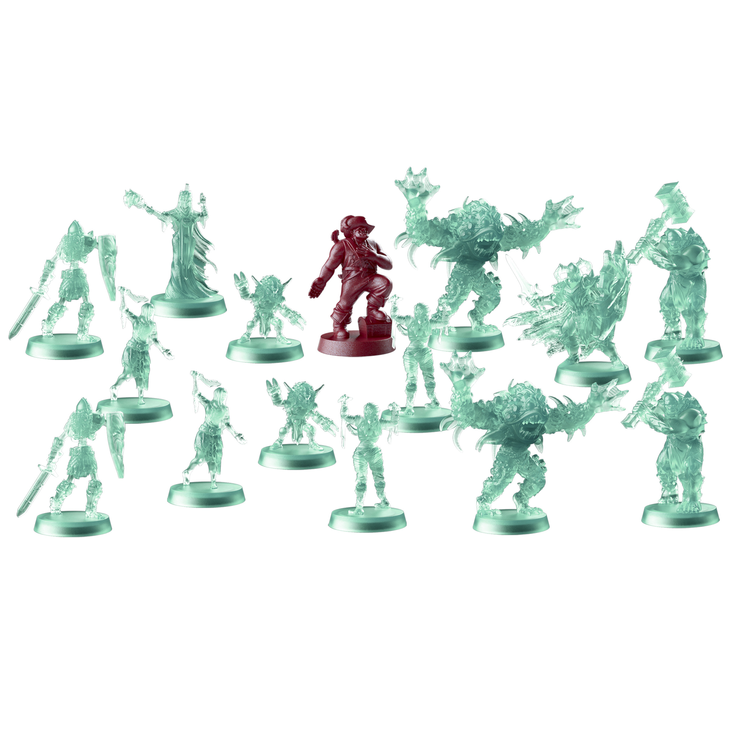HeroQuest-Spielfiguren, einschließlich Helden, Monster und Würfel auf weißem Grund.