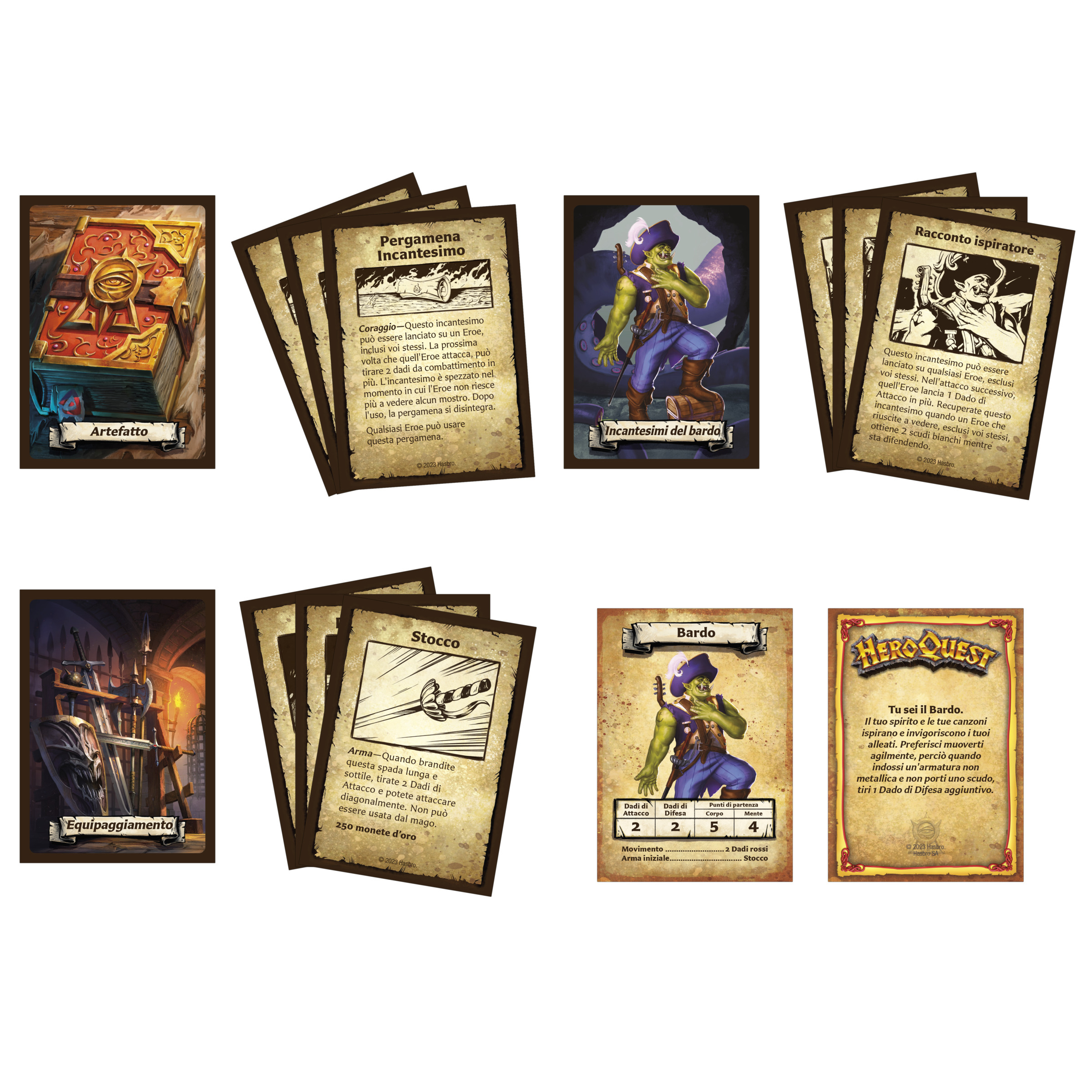 HeroQuest-Spielkarten und Komponenten, die Spielkarten, Würfel und eine Figur zeigen.