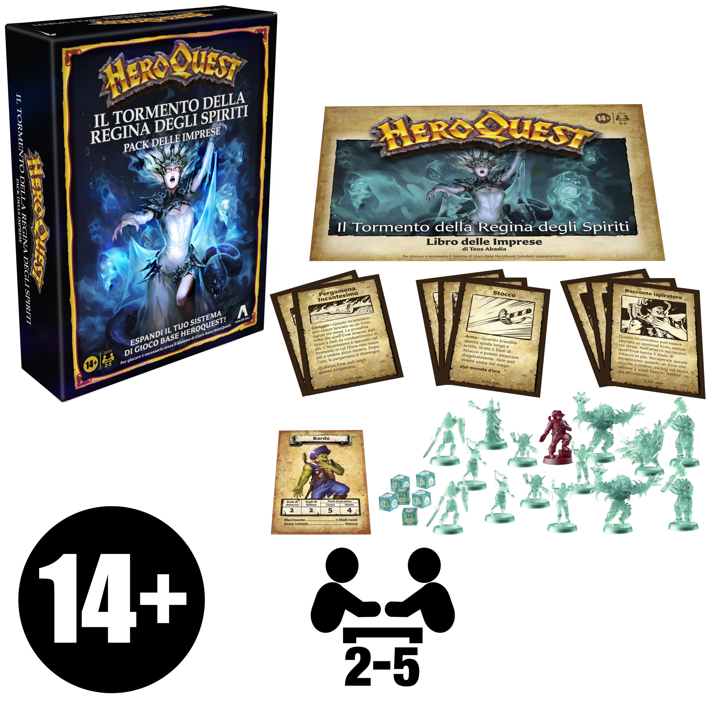 HeroQuest-Brettspiel-Box-Set, einschließlich Karten, Miniaturen und Würfeln. Das Alter ist 14+ und für 2-5 Spieler.