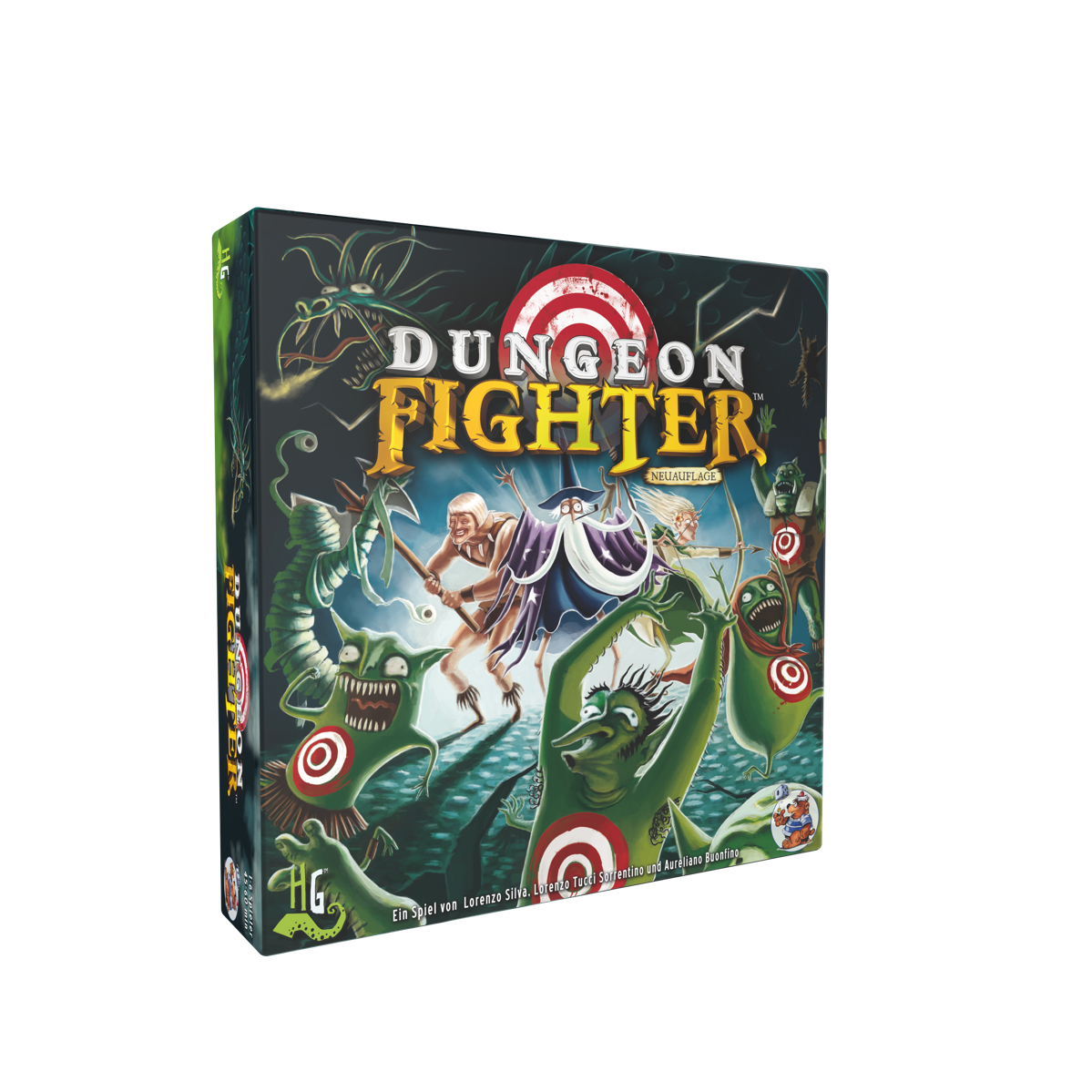 Schachtel-Brettspiel mit dem Titel Dungeon Fighter, mit Fantasy-Charakteren und Ziel.