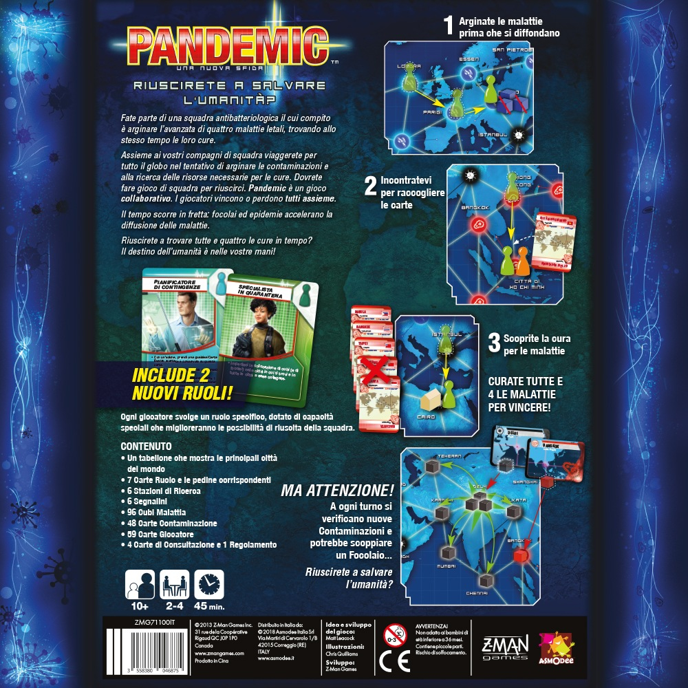 Rückseite des Pandemic-Brettspiels mit Anweisungen. Es zeigt die Karte und Spielelemente.