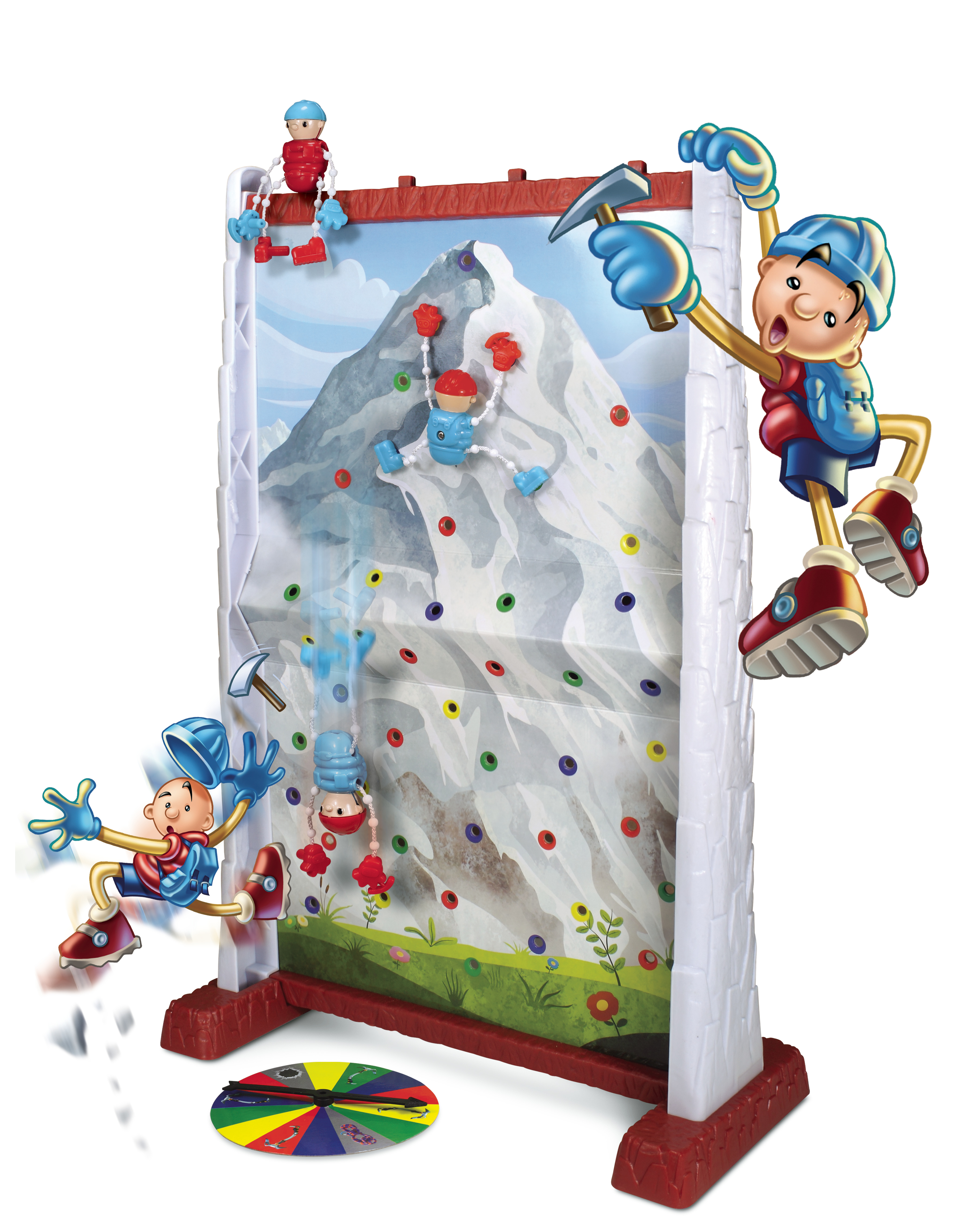 Gra wspinaczkowa ze ścianą z postaciami z kreskówek wspinającymi się i spadającymi. Kolory: czerwony, niebieski i biały.