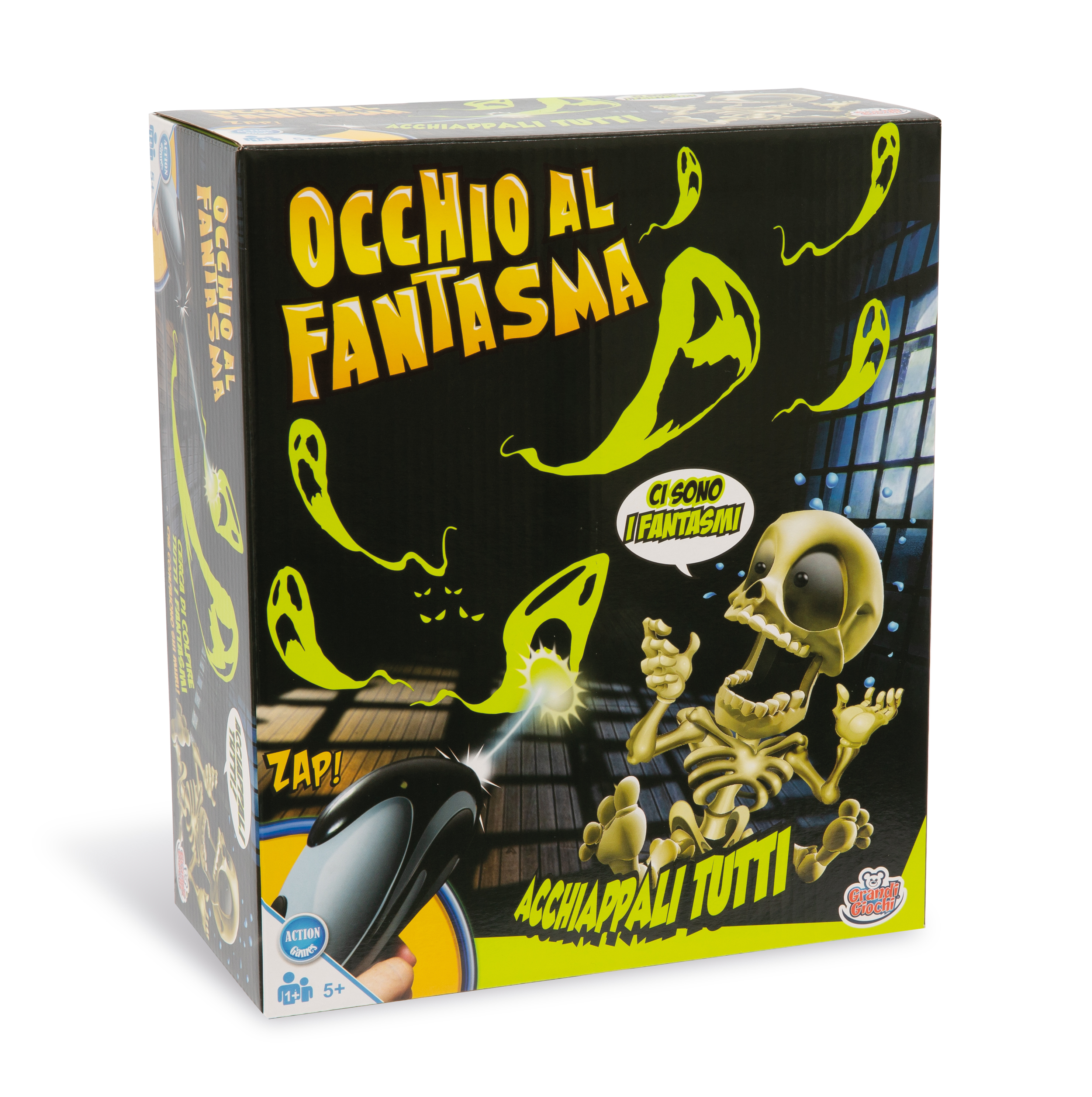 Brettspielbox mit Skelett, Geistern und einer Strahlenpistole mit dem Titel Occhio Al Fantasma.