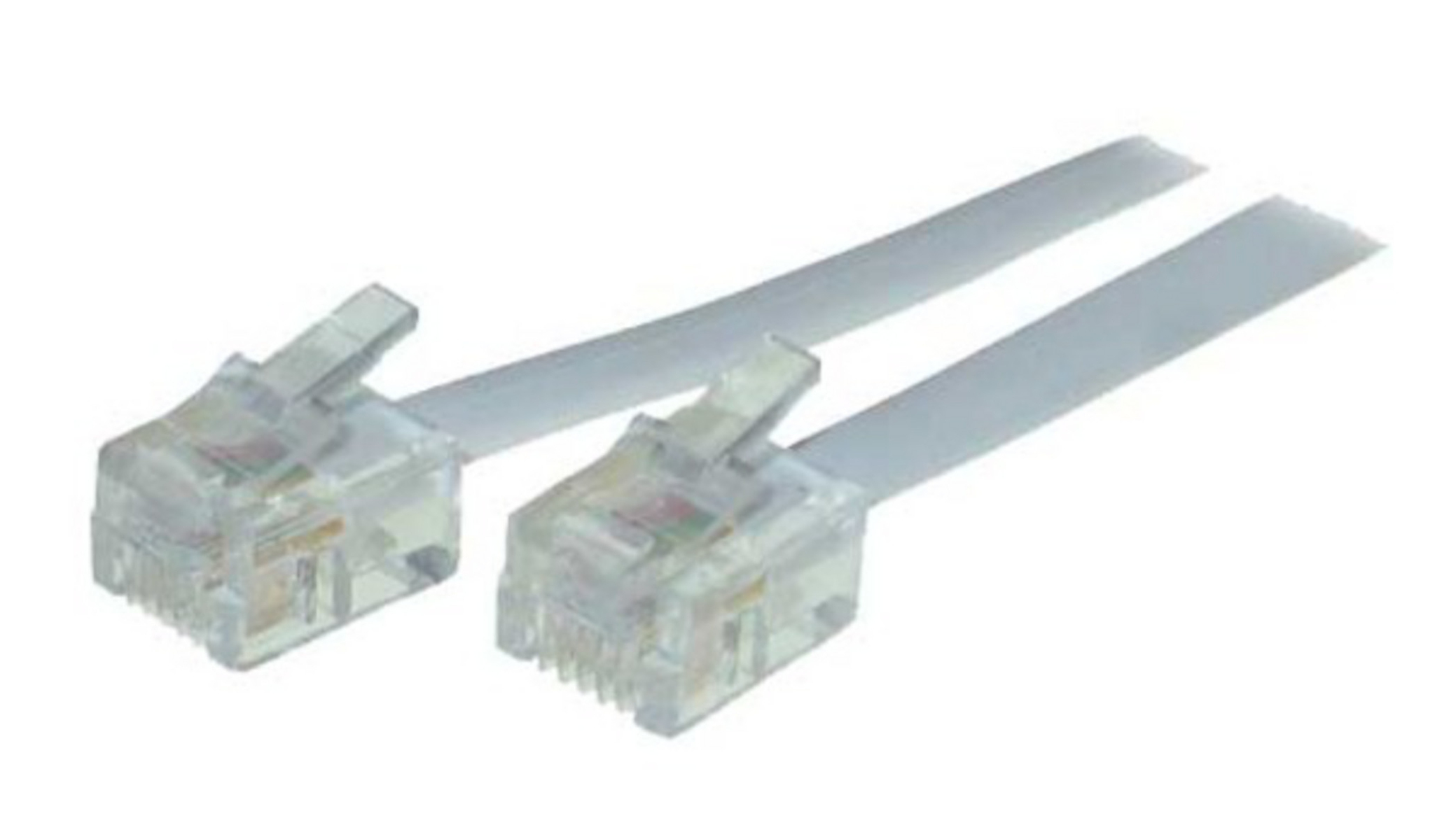 Zwei transparente RJ45-Stecker mit hellfarbigen Flachbandkabeln, isoliert vor weißem Hintergrund.