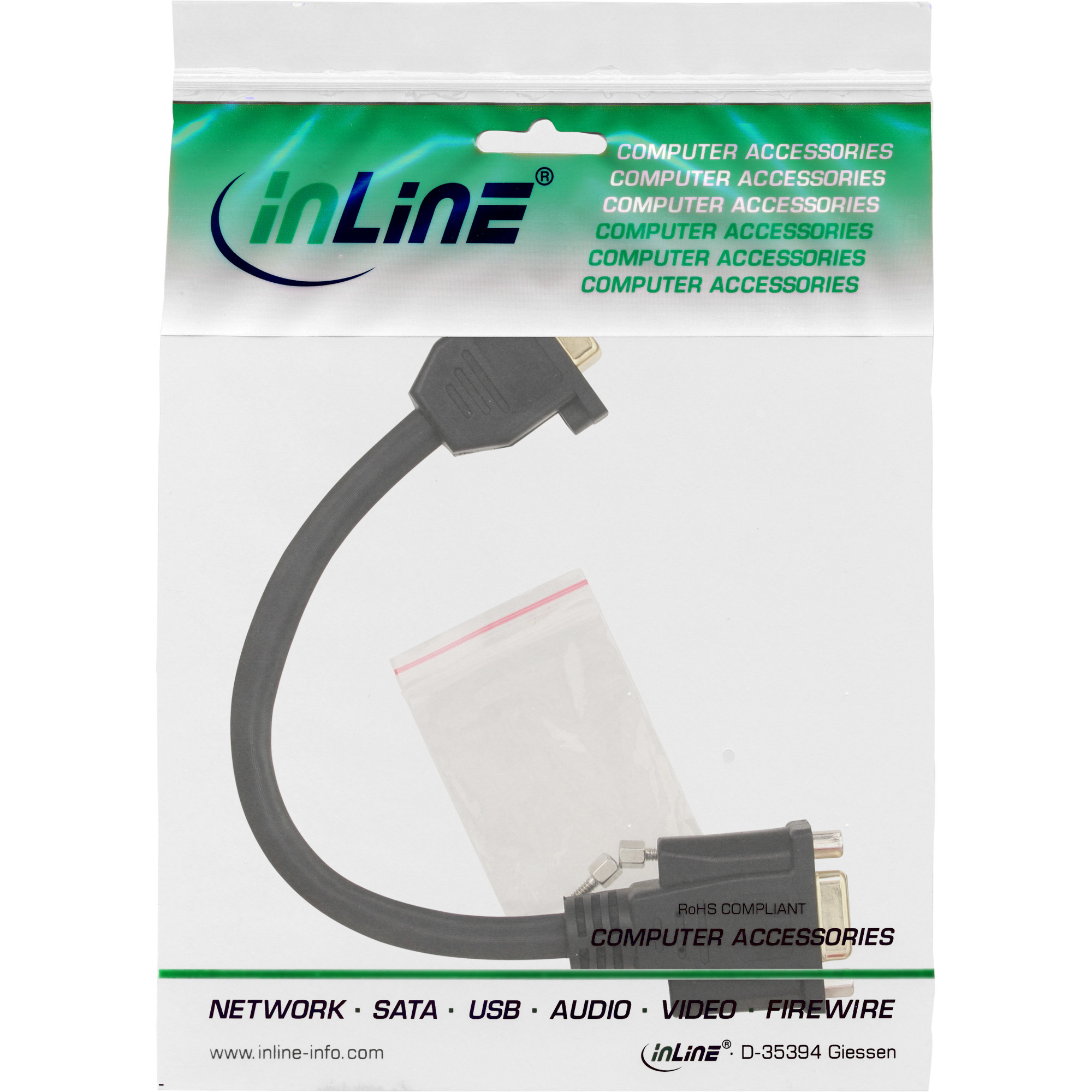 Cavo in sacchetto di plastica, cavo nero con connettori HDMI e VGA, sfondo bianco, accessori per computer.