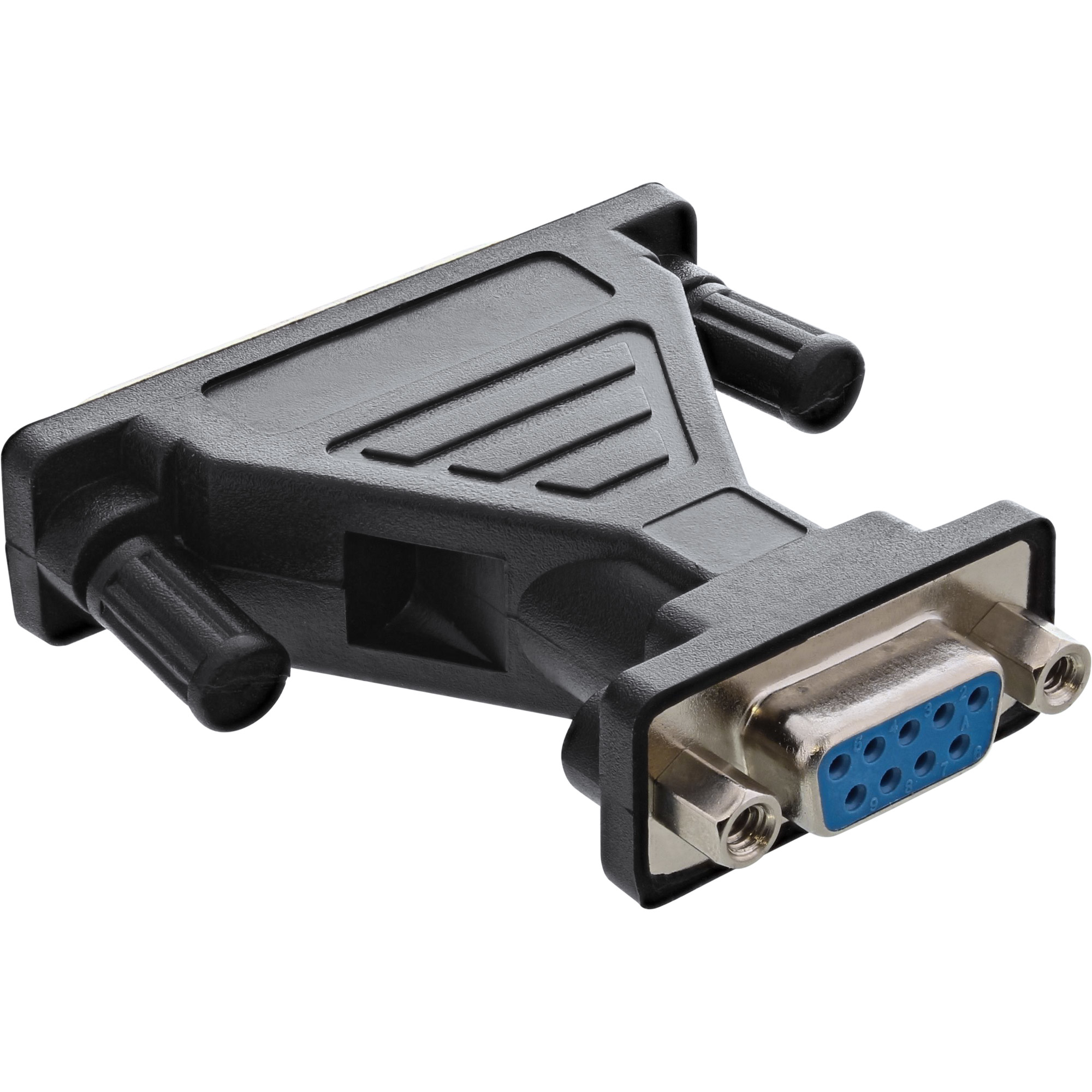 Schwarzer DB9-Buchse-zu-DB9-Buchse-Serielladapter. Hat einen blauen Stecker und zwei Schrauben.
