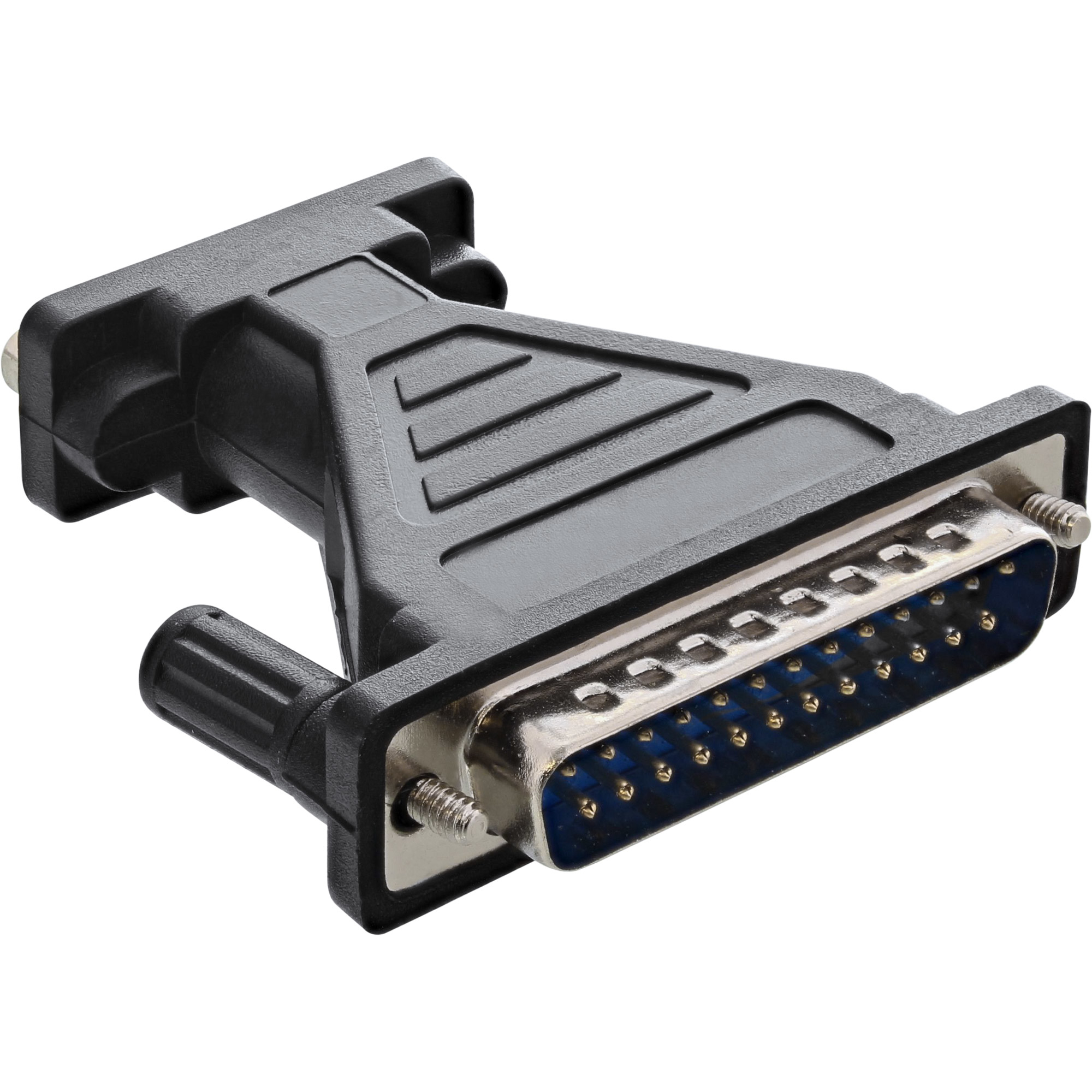 Schwarzer Adapter mit blauem Teil und Schrauben, Computerzubehör, weißer Hintergrund.